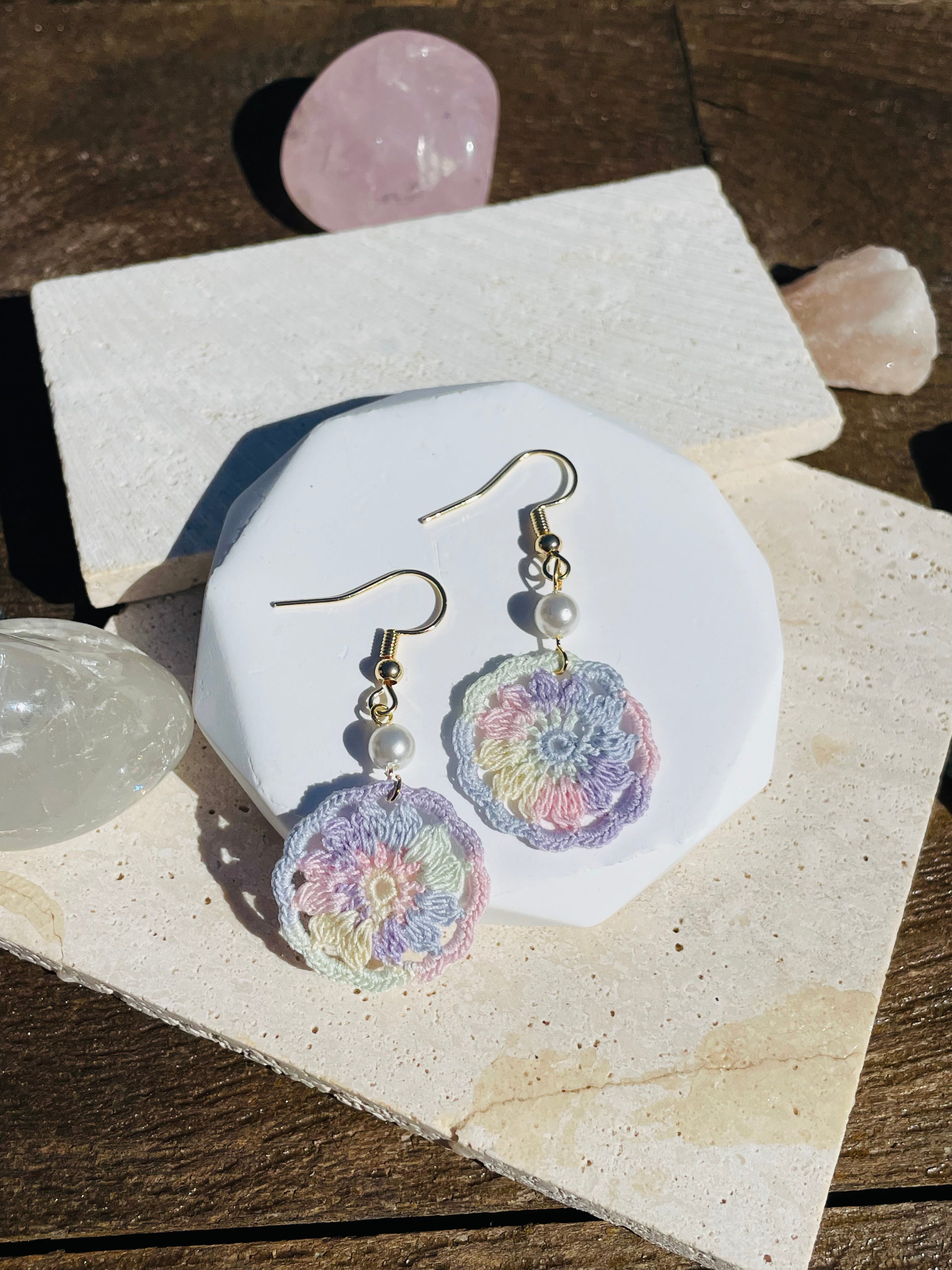 Hand Crocheted Dream Catcher Earrings  7 Colours 14K Gold-Plated Hooks