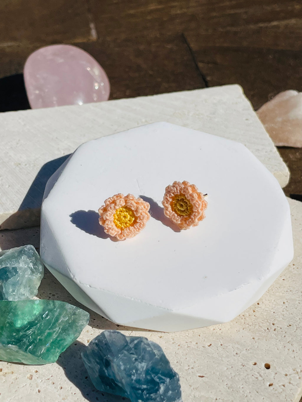 Hand-Crocheted Peach Flower Stud Earrings Solid 14K Gold Posts