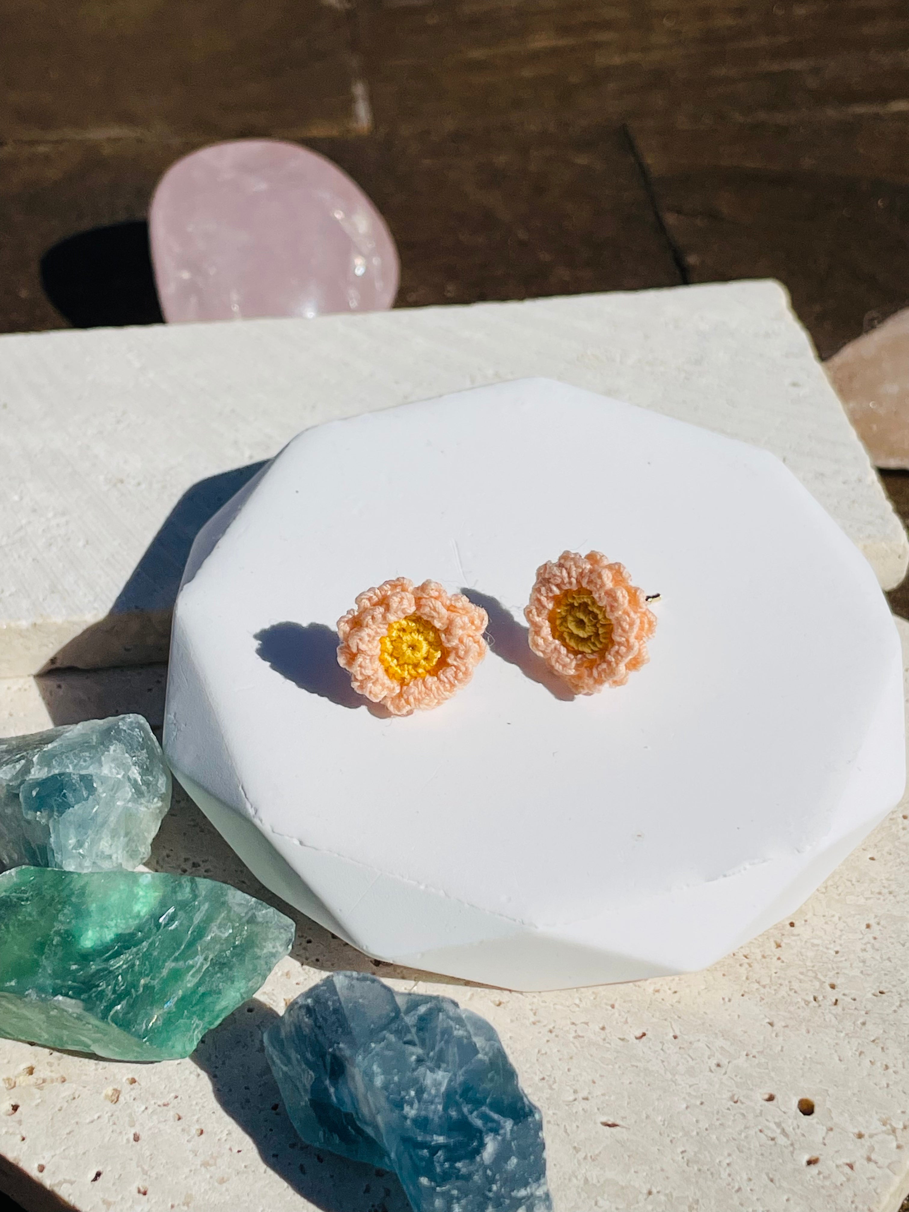 Hand-Crocheted Peach Flower Stud Earrings Solid 14K Gold Posts