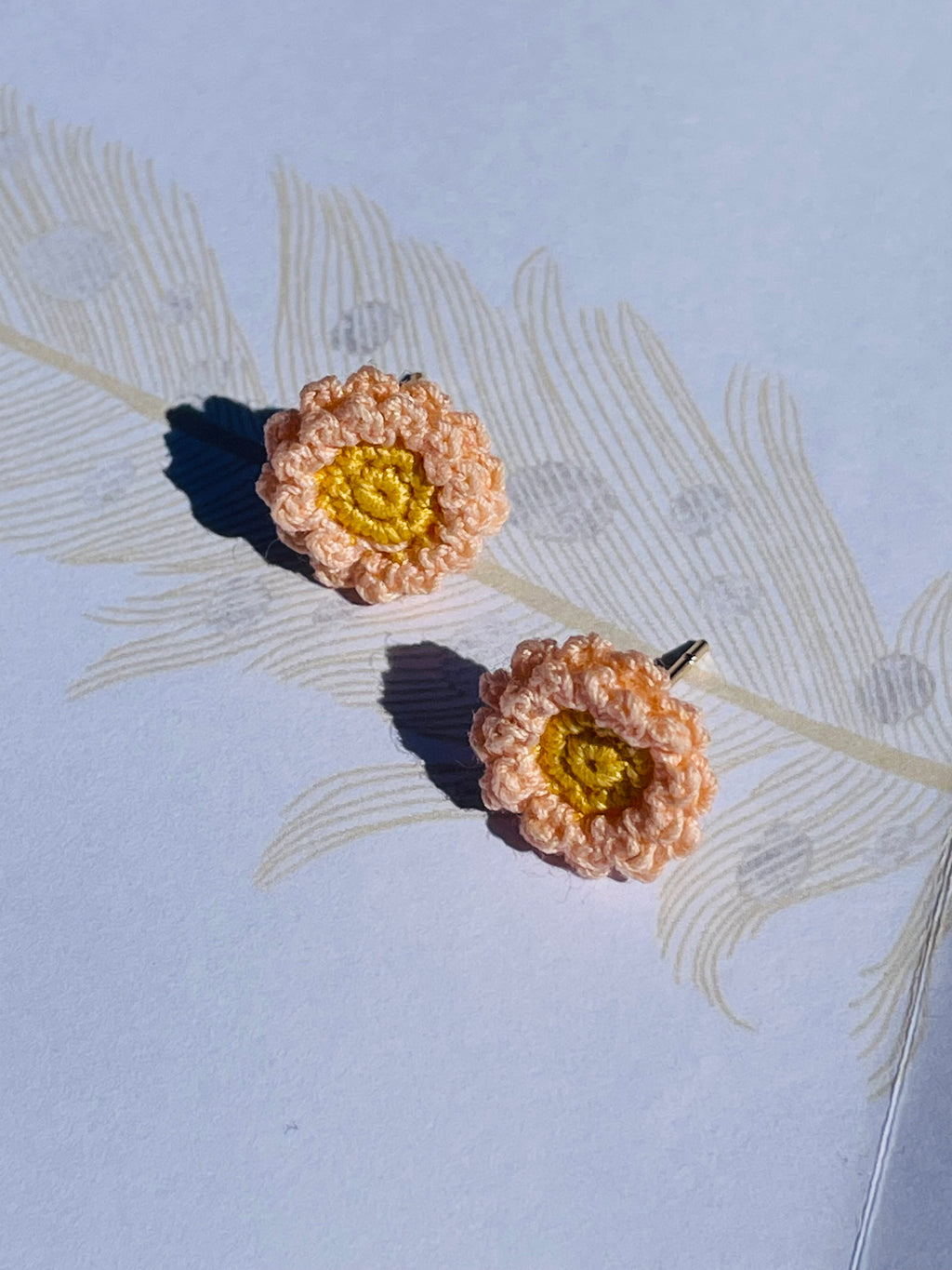 Hand-Crocheted Peach Flower Stud Earrings Solid 14K Gold Posts