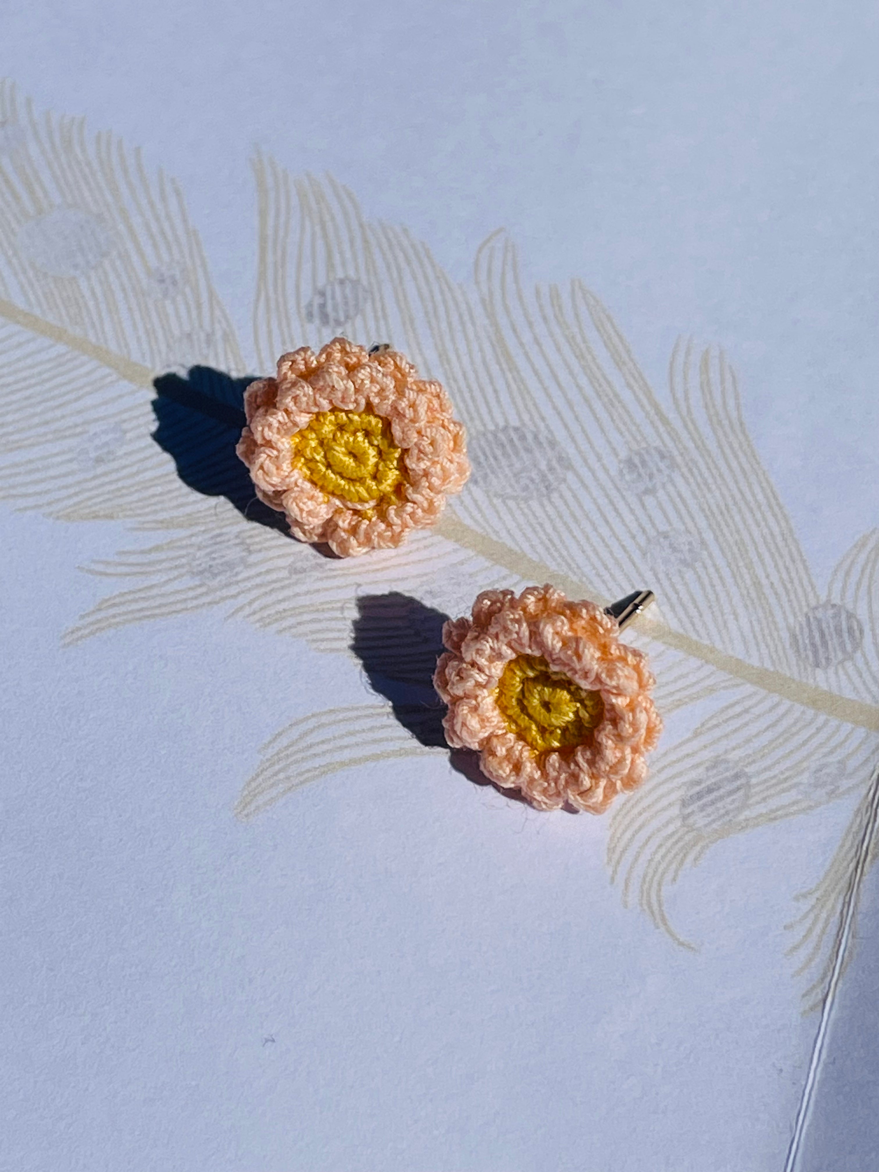 Hand-Crocheted Peach Flower Stud Earrings Solid 14K Gold Posts