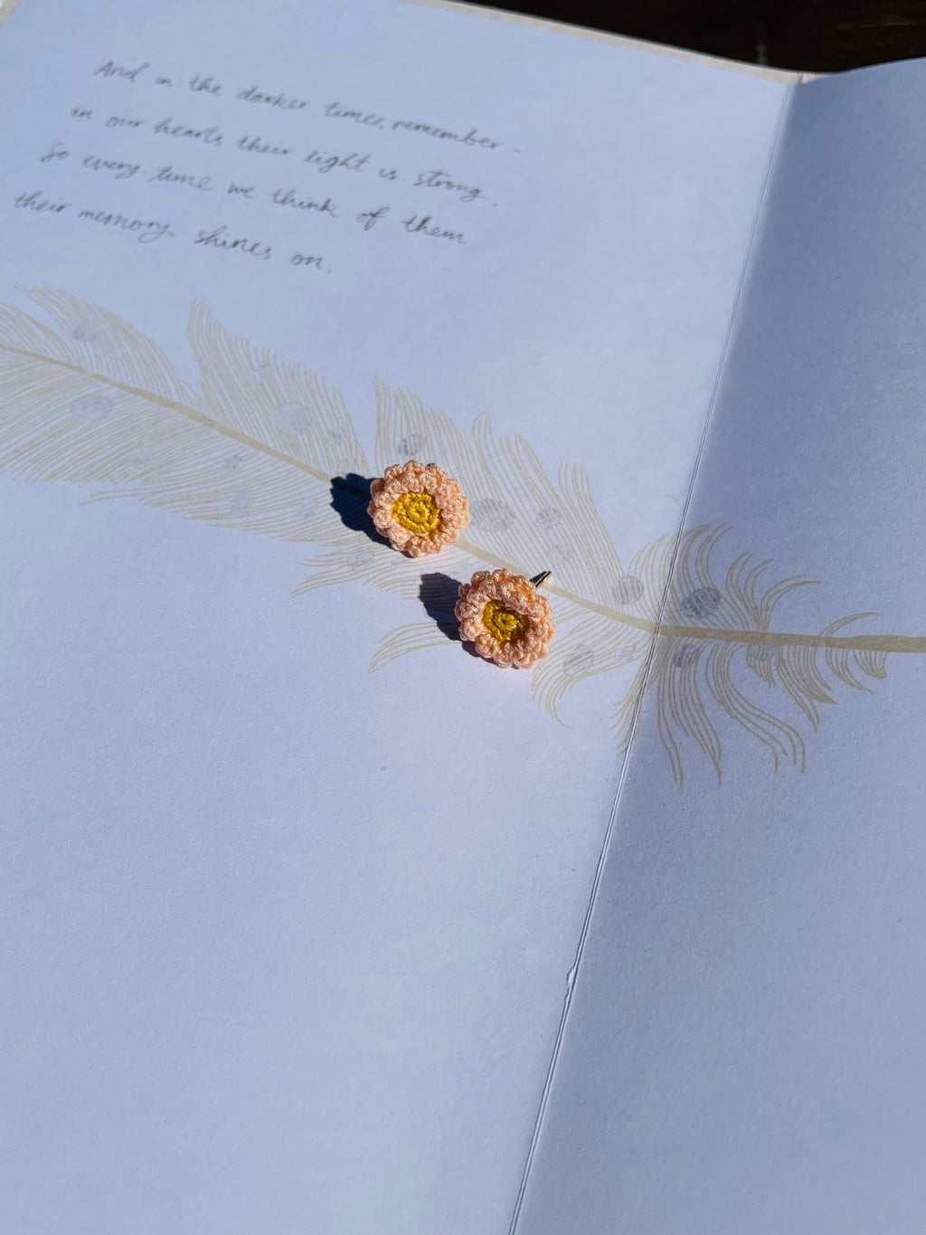 Hand-Crocheted Peach Flower Stud Earrings Solid 14K Gold Posts