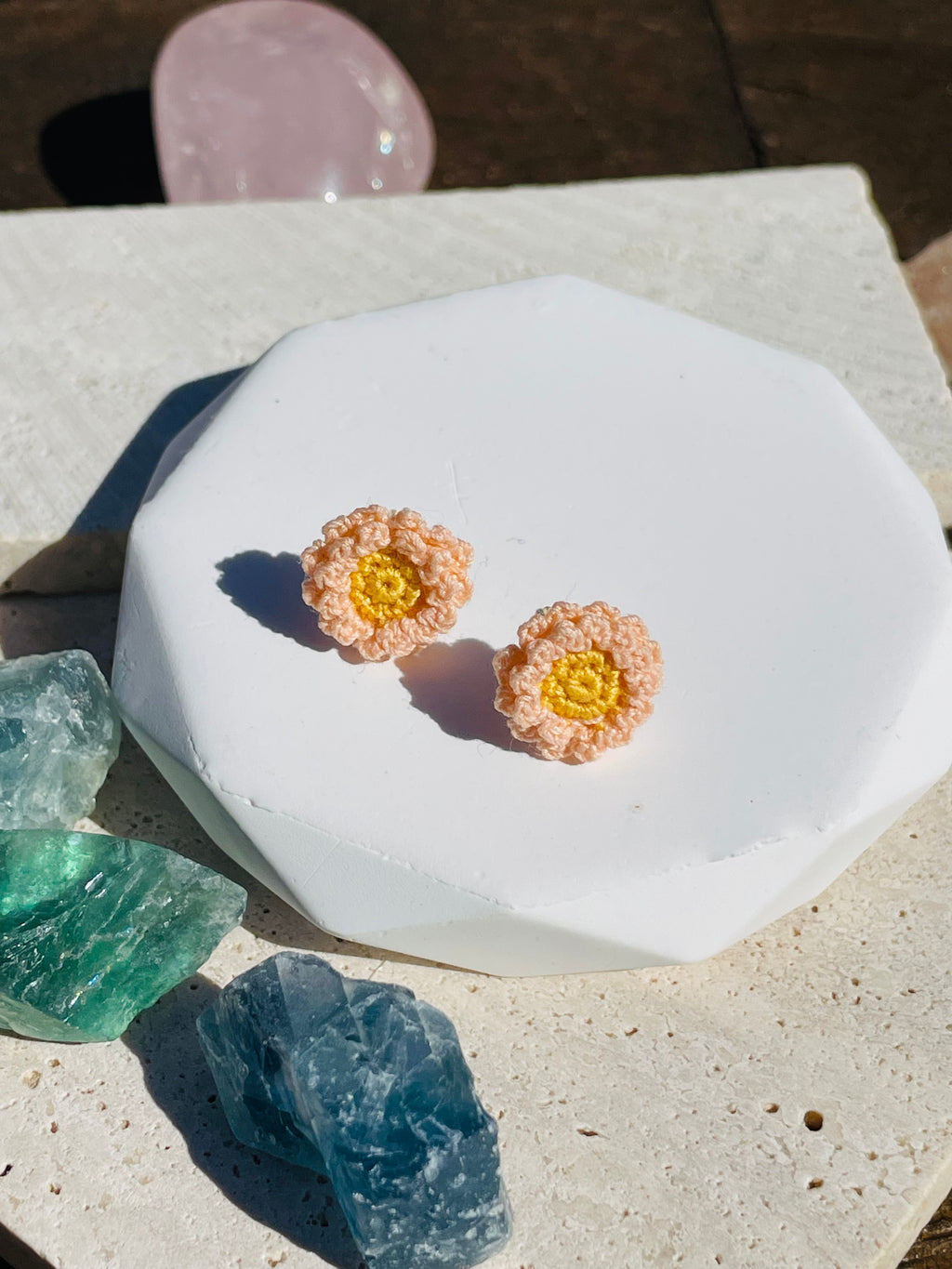 Hand-Crocheted Peach Flower Stud Earrings Solid 14K Gold Posts