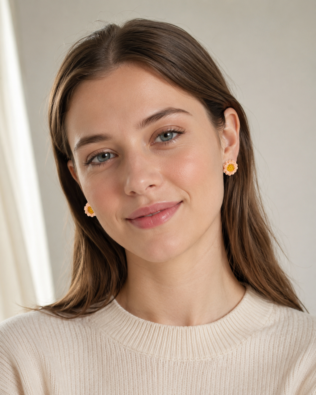 Hand-Crocheted Peach Flower Stud Earrings Solid 14K Gold Posts