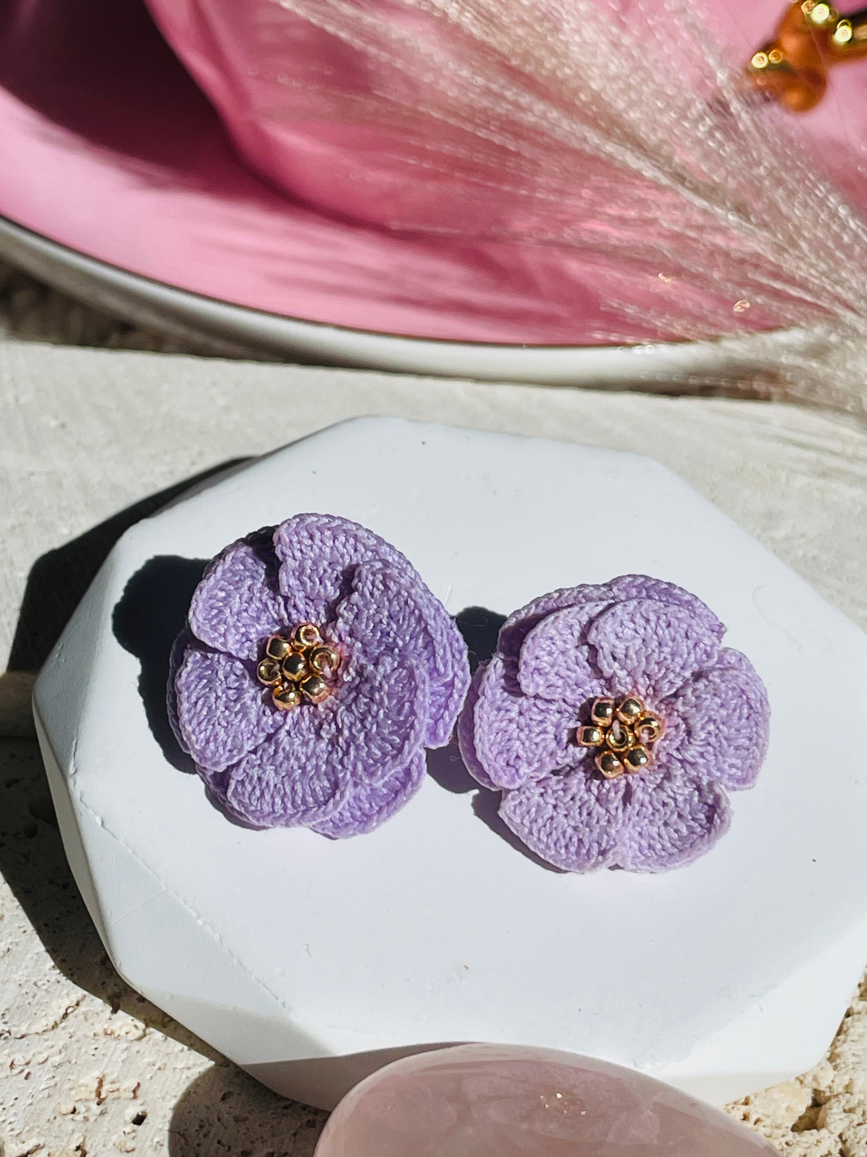 Hand-Crocheted Flower Stud Earrings – Solid 14K Gold Posts 7 Colours