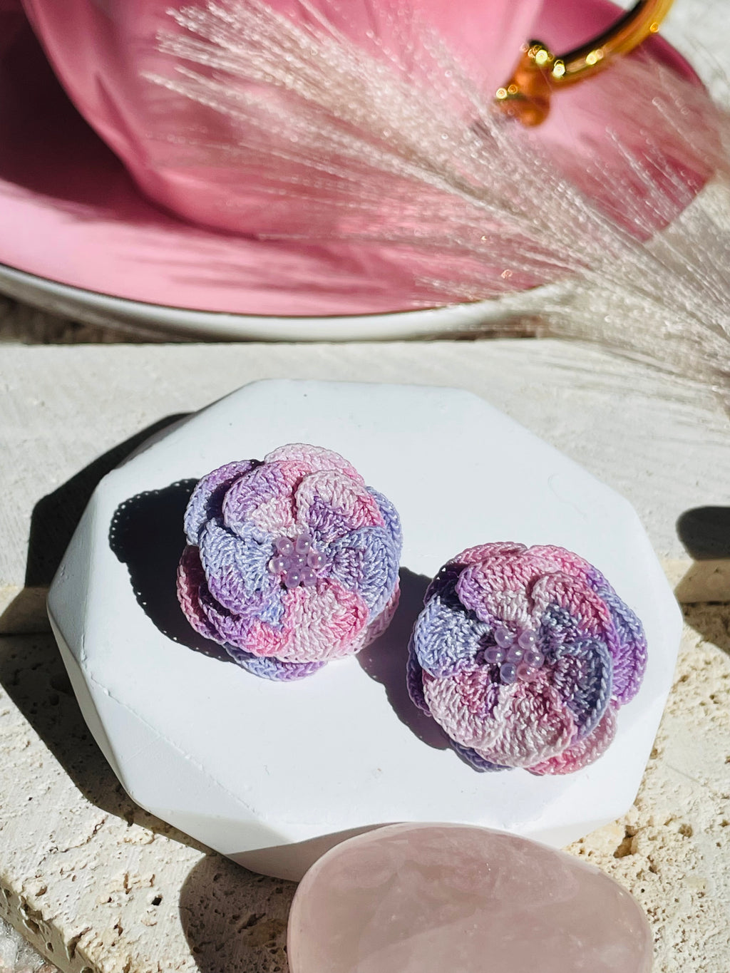 Hand-Crocheted Flower Stud Earrings – Solid 14K Gold Posts 7 Colours
