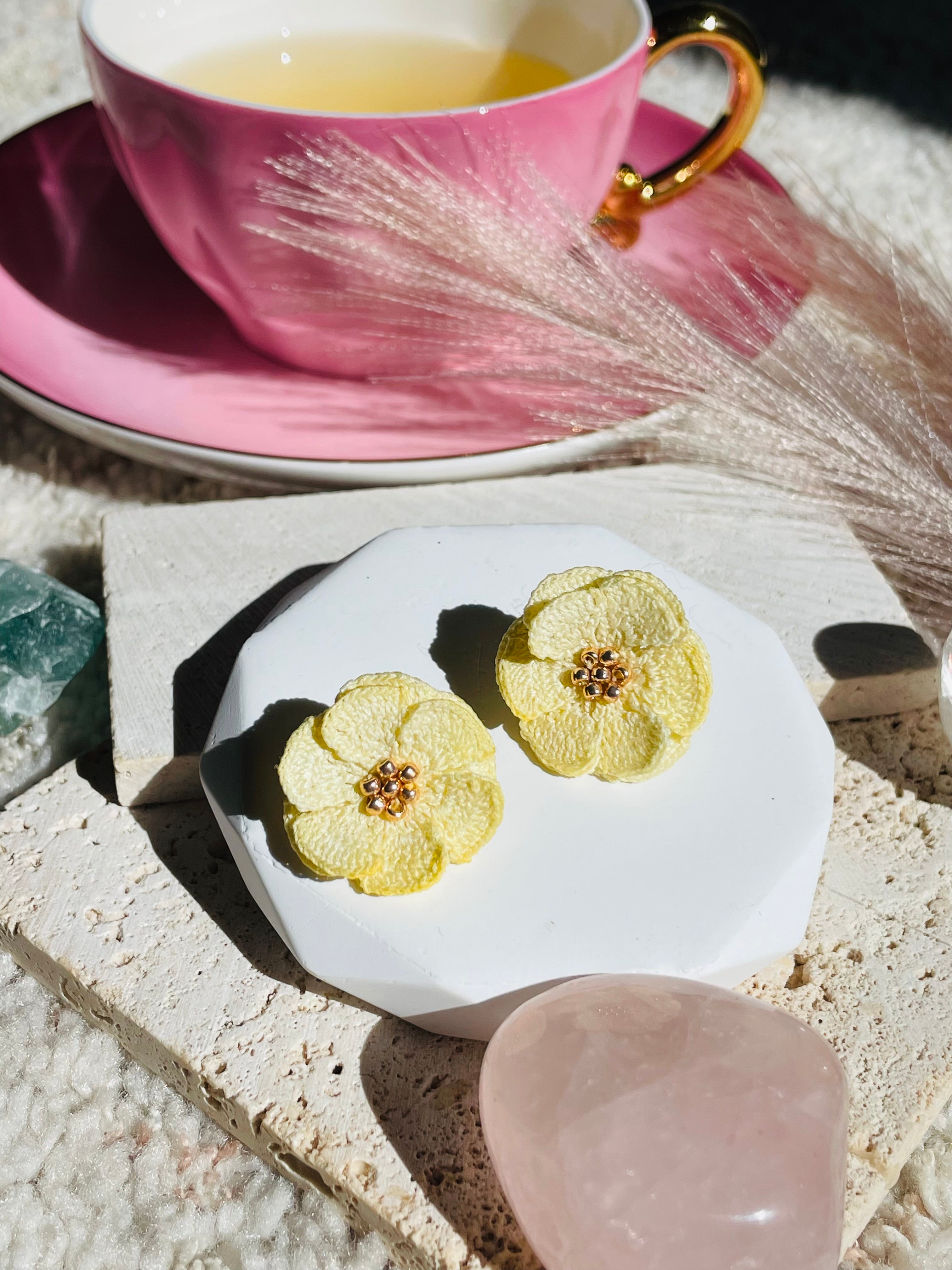 Hand-Crocheted Flower Stud Earrings – Solid 14K Gold Posts 7 Colours