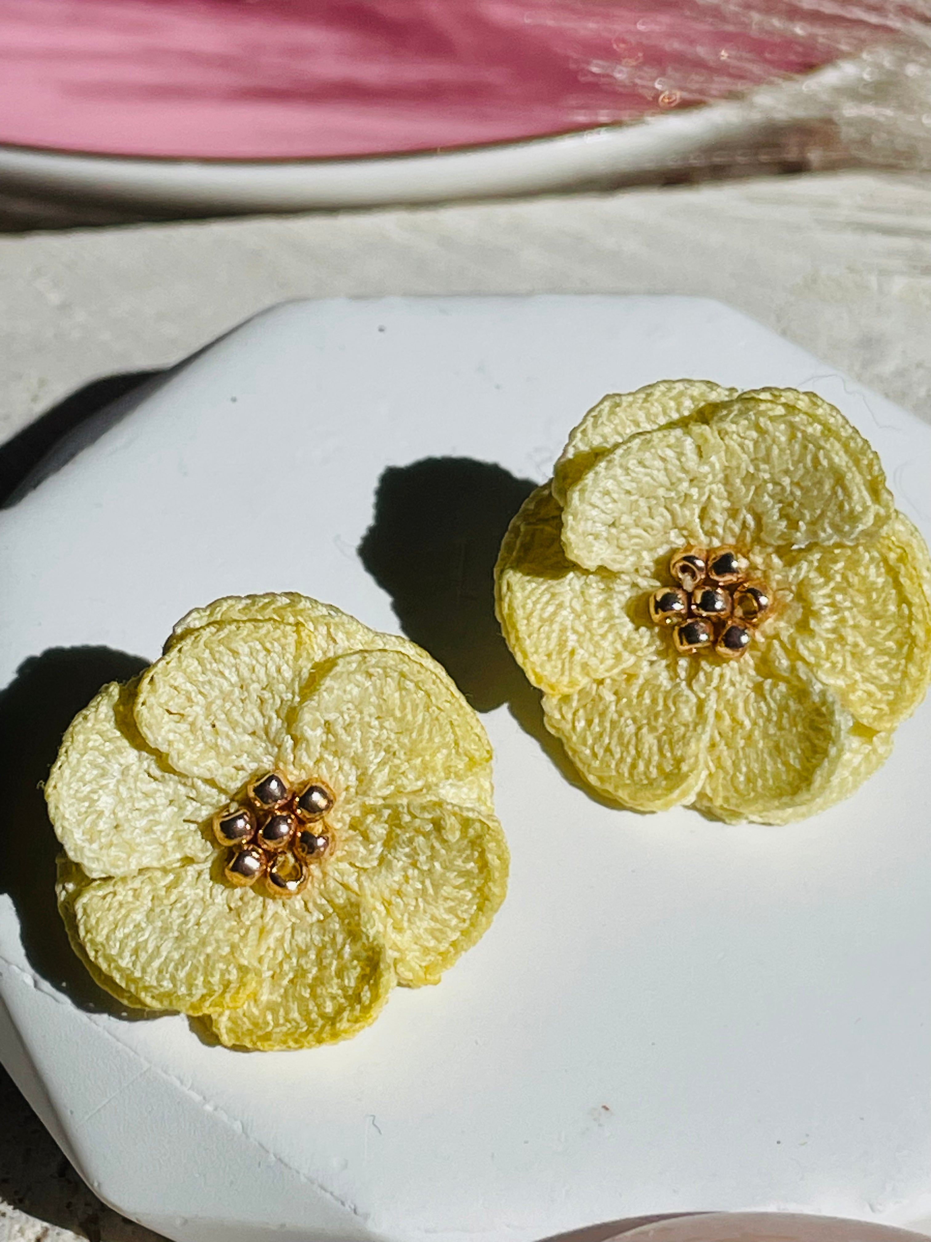 Hand-Crocheted Flower Stud Earrings – Solid 14K Gold Posts 7 Colours