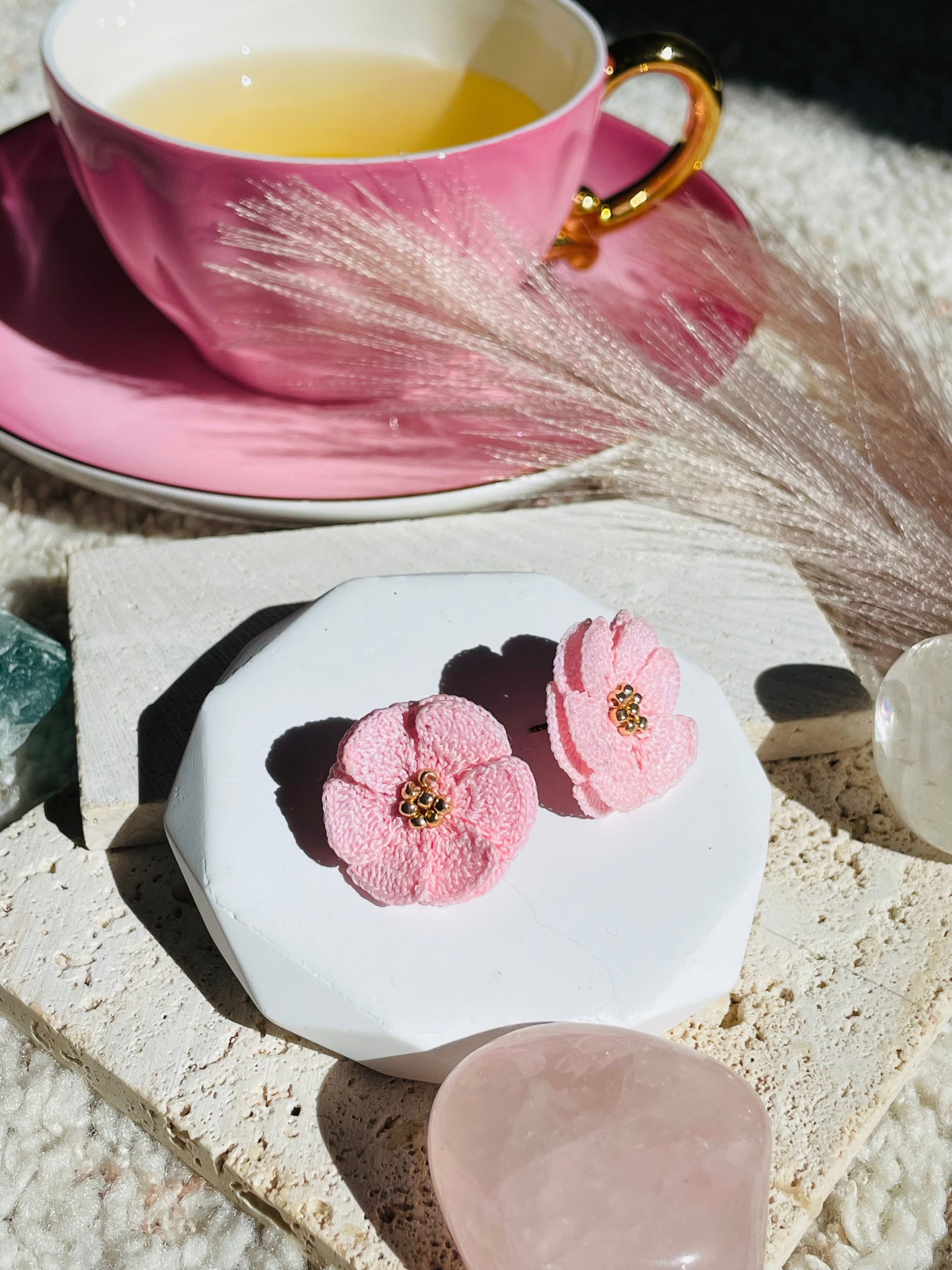 Hand-Crocheted Flower Stud Earrings – Solid 14K Gold Posts 7 Colours