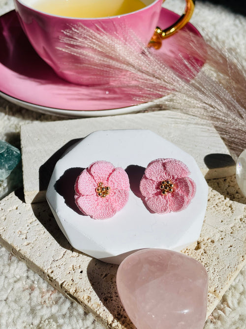 Hand-Crocheted Flower Stud Earrings – Solid 14K Gold Posts 7 Colours