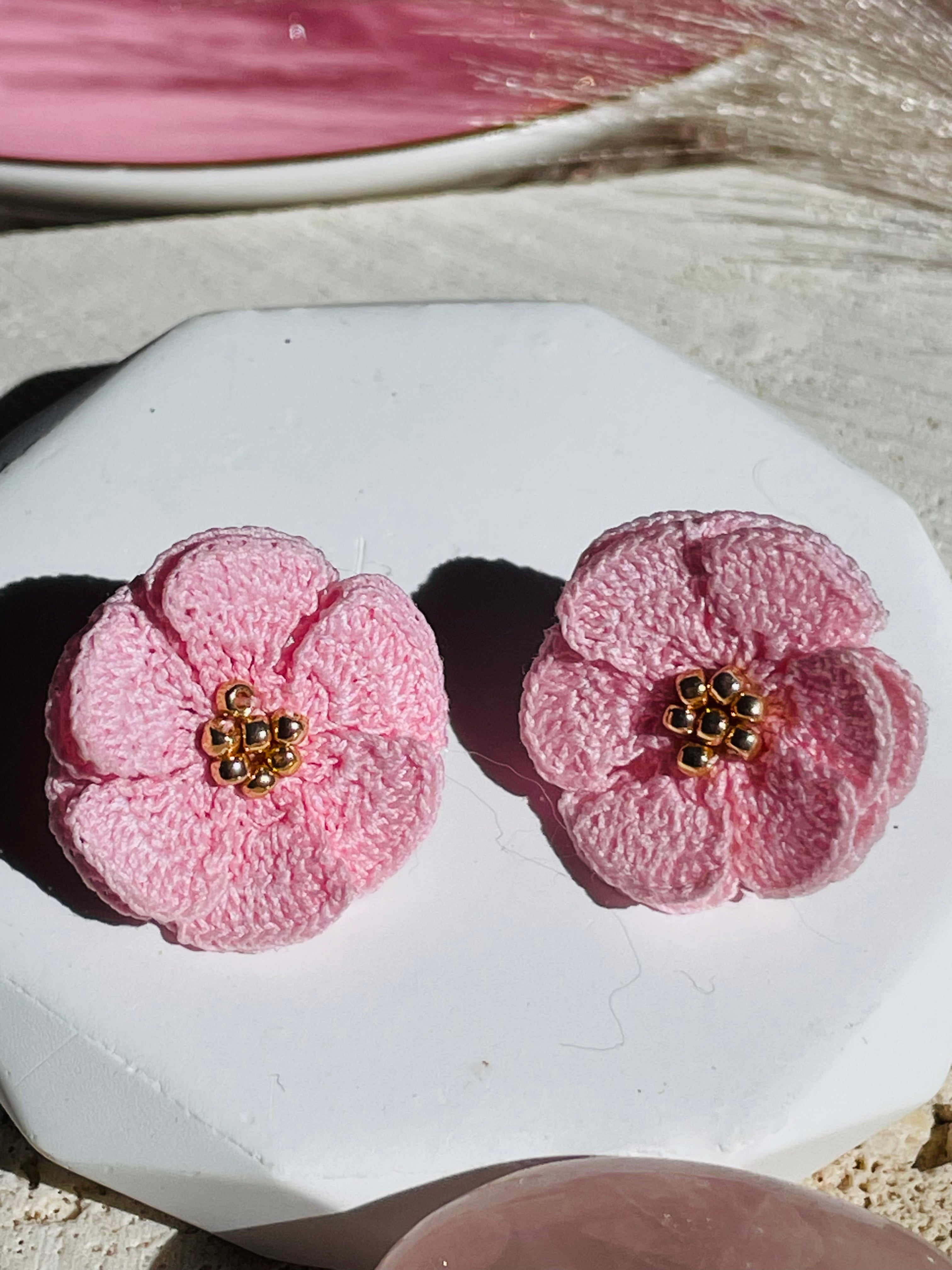 Hand-Crocheted Flower Stud Earrings – Solid 14K Gold Posts 7 Colours