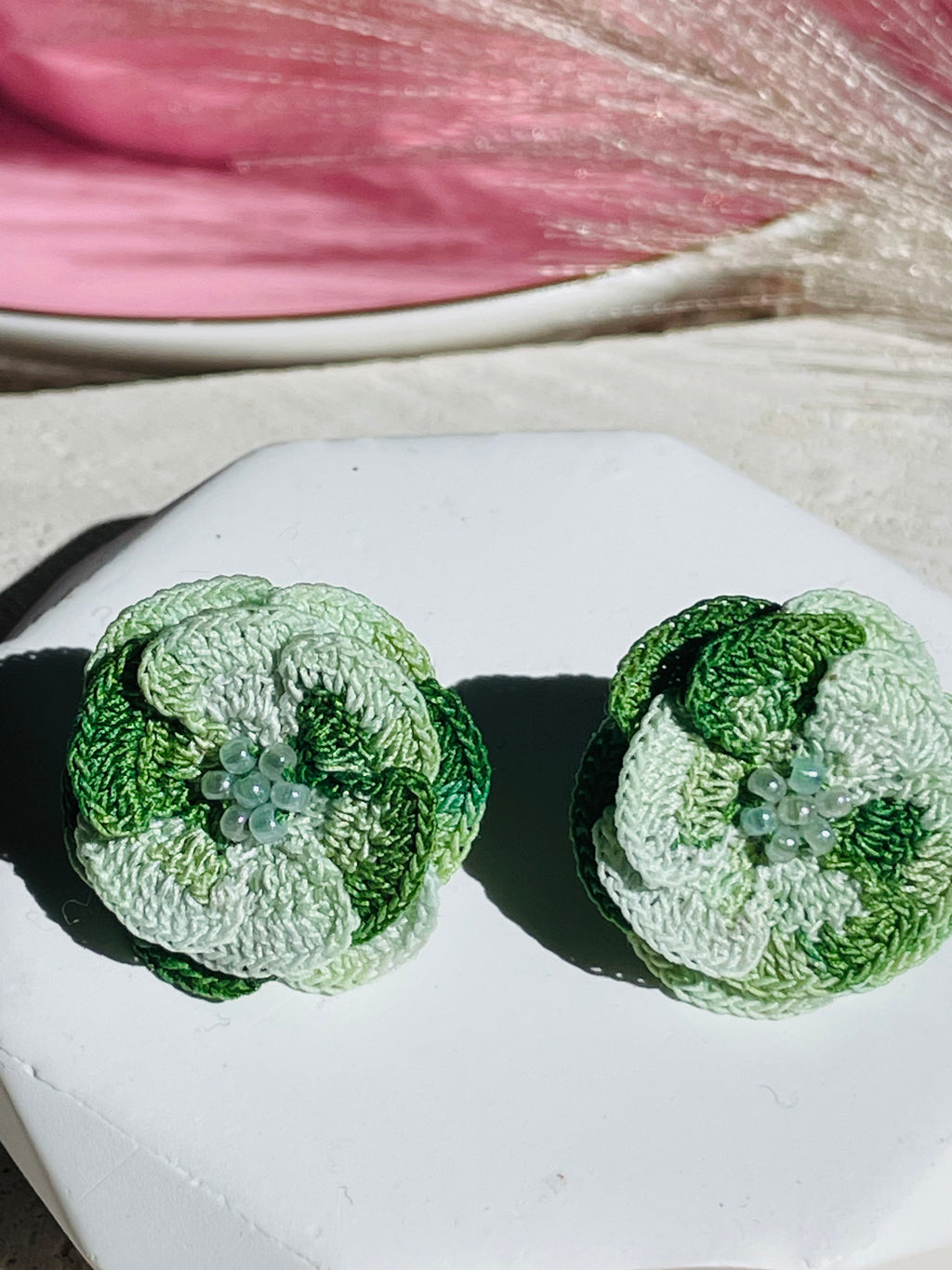Hand-Crocheted Flower Stud Earrings – Solid 14K Gold Posts 7 Colours