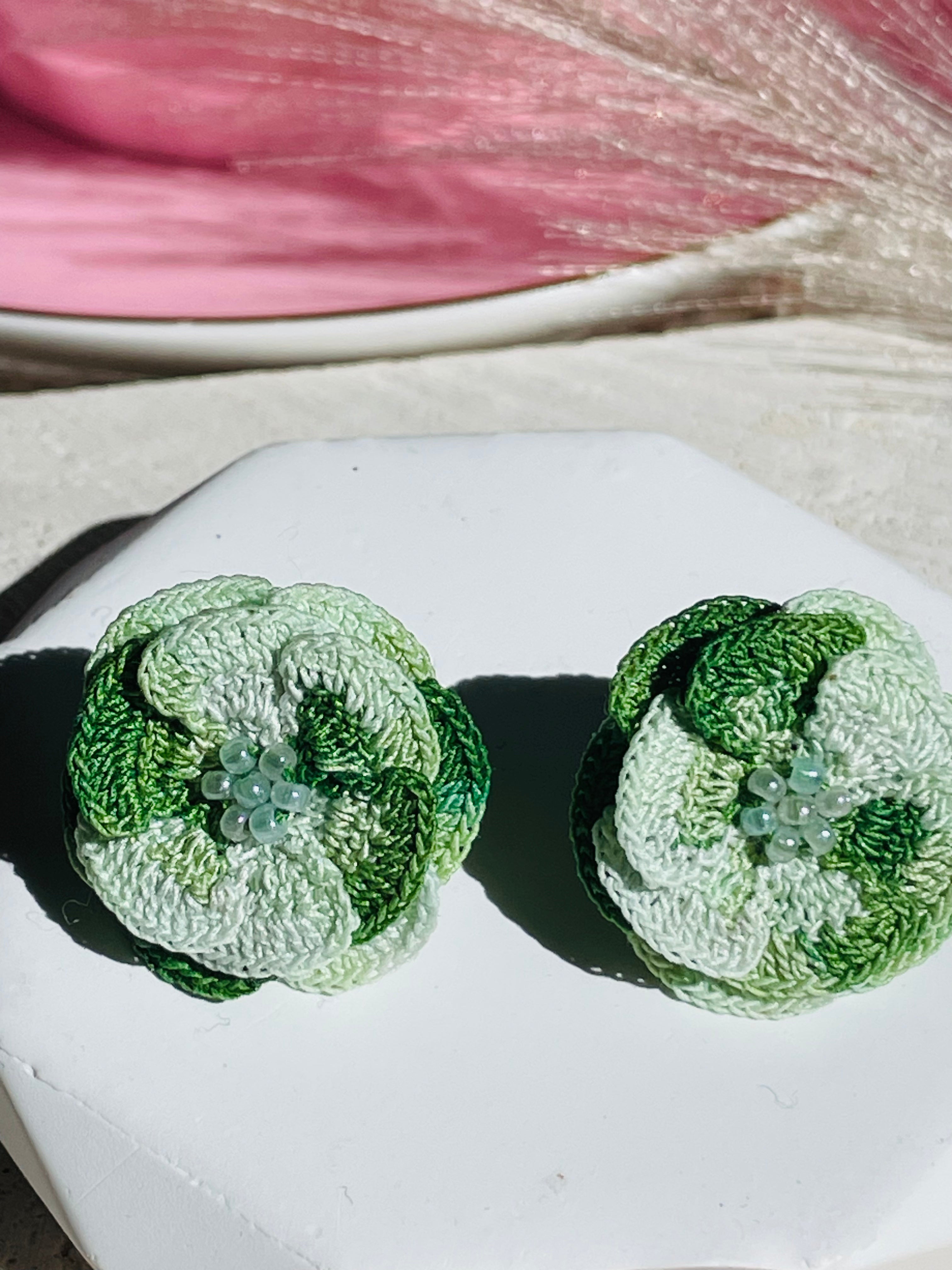 Hand-Crocheted Flower Stud Earrings – Solid 14K Gold Posts 7 Colours