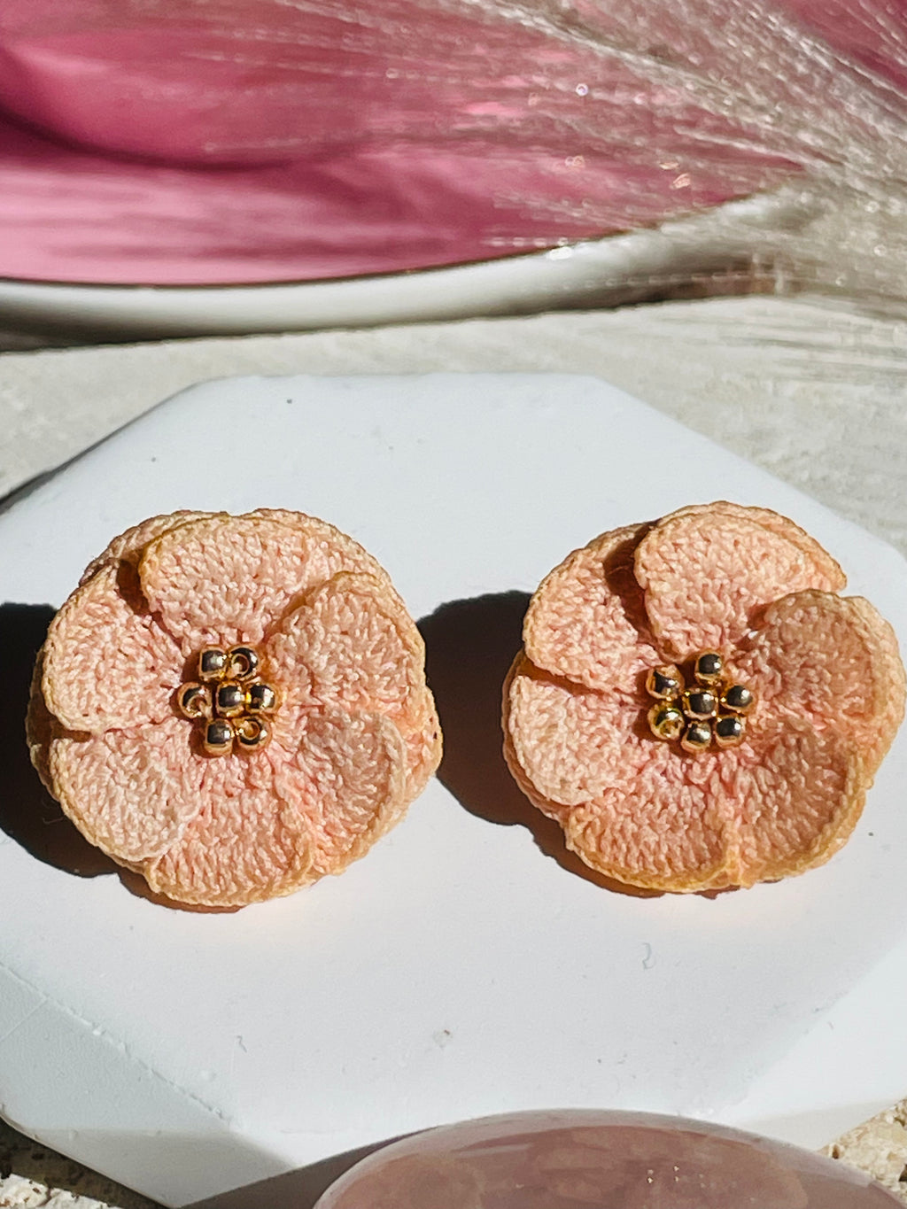 Hand-Crocheted Flower Stud Earrings – Solid 14K Gold Posts 7 Colours