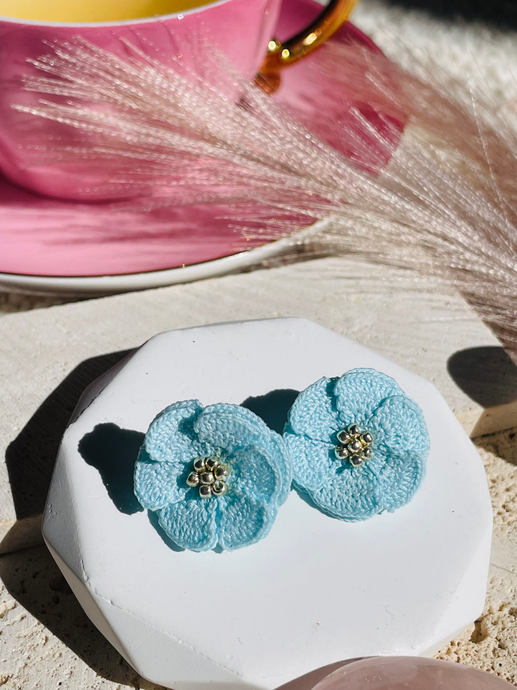 Hand-Crocheted Flower Stud Earrings – Solid 14K Gold Posts 7 Colours
