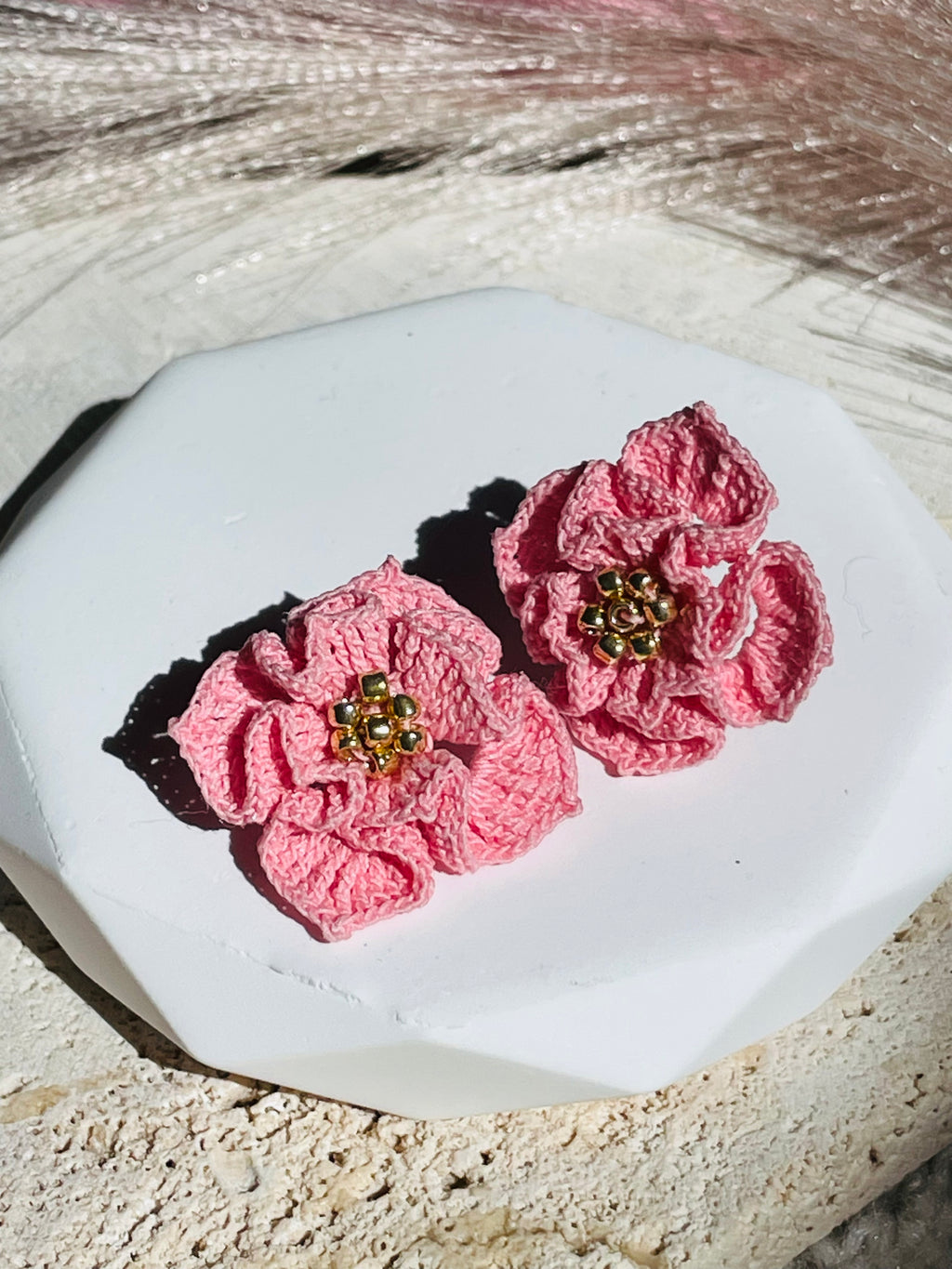 Hand-Crocheted Layered Flower Stud Earrings Solid 14K Gold Posts 2 Colours
