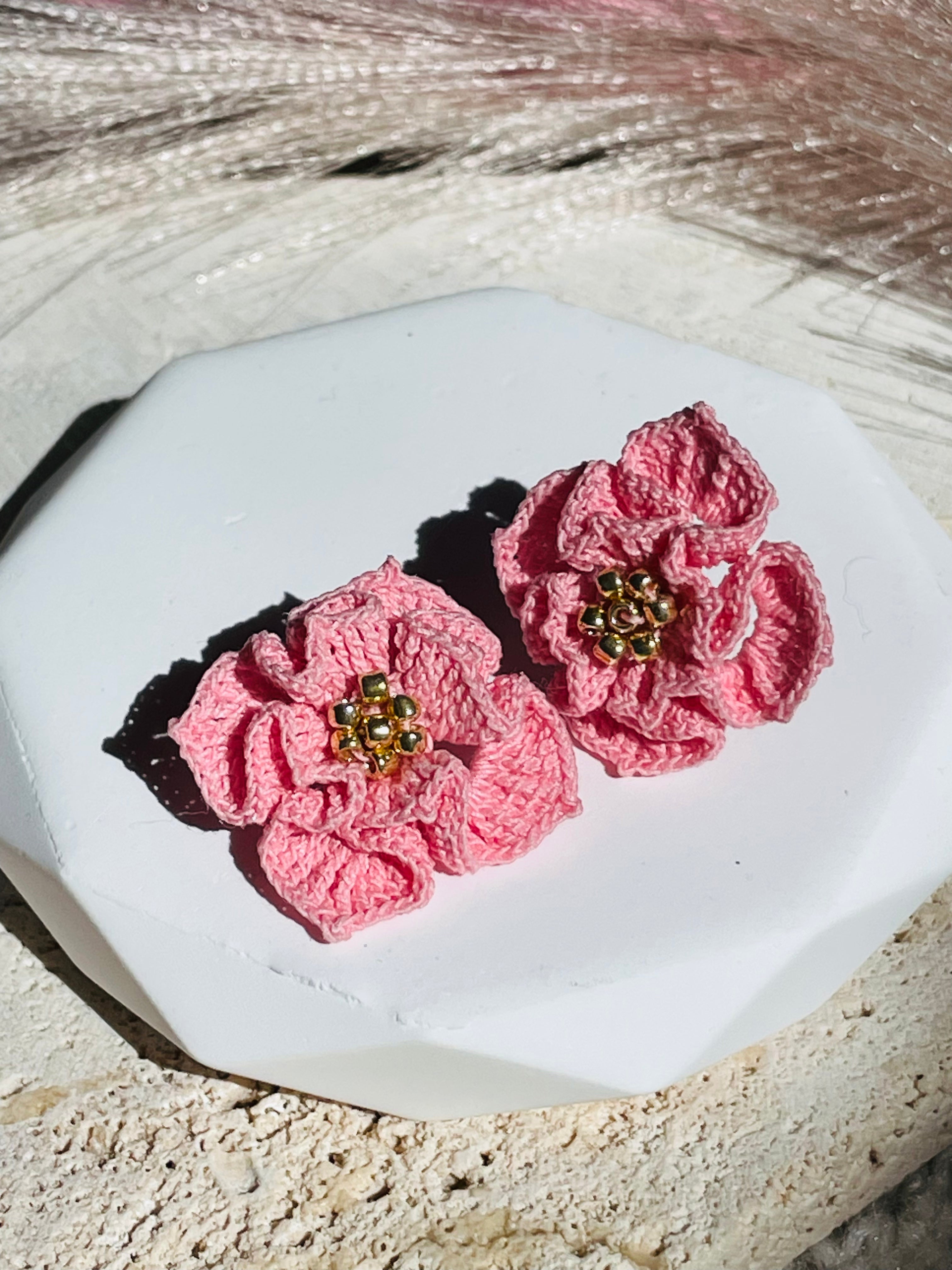 Hand-Crocheted Layered Flower Stud Earrings Solid 14K Gold Posts 2 Colours