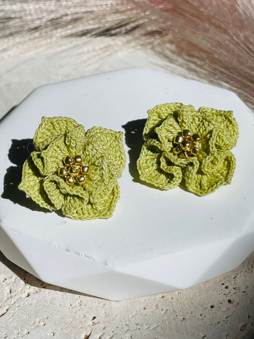 Hand-Crocheted Layered Flower Stud Earrings Solid 14K Gold Posts 2 Colours