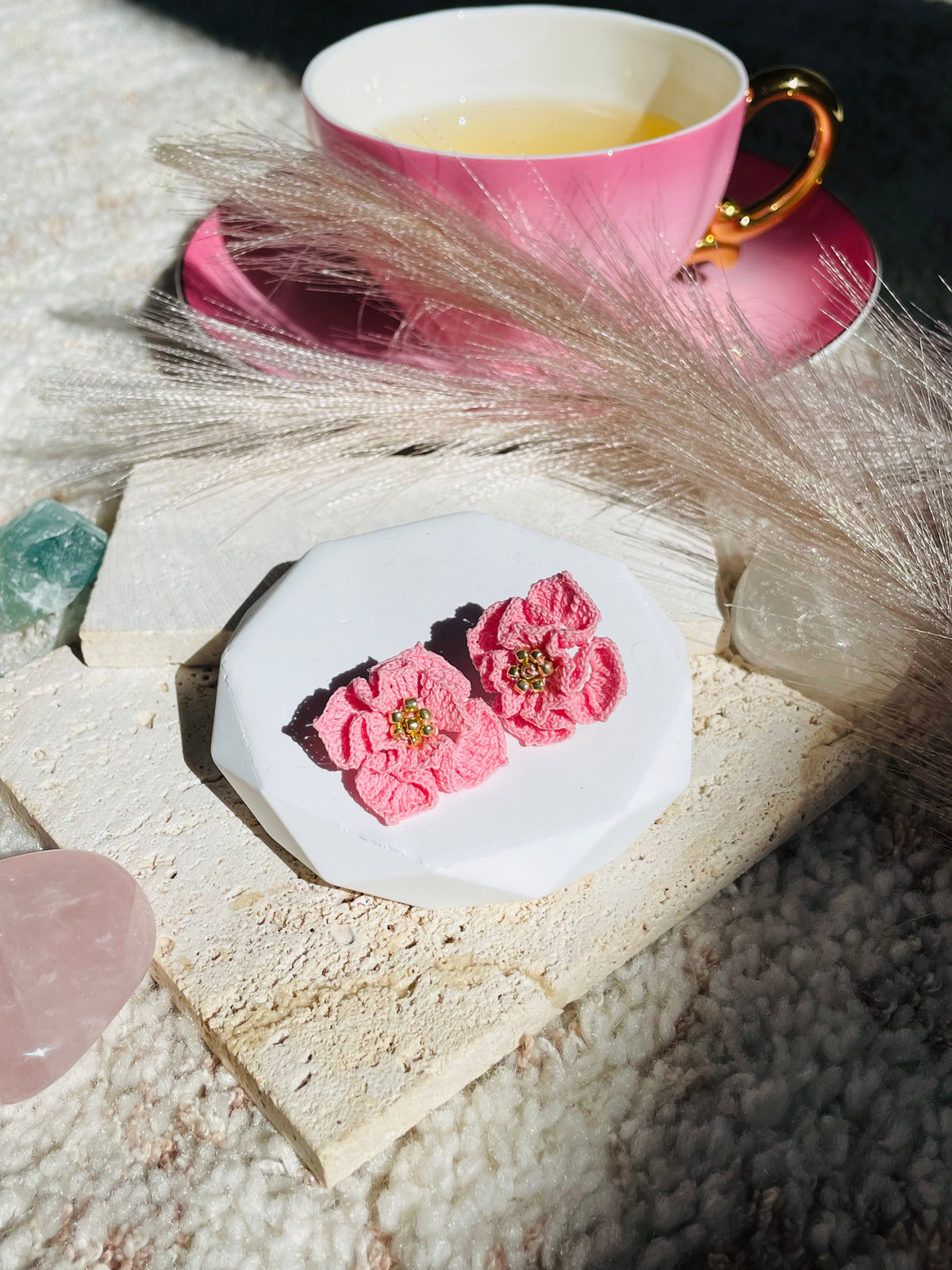 Hand-Crocheted Layered Flower Stud Earrings Solid 14K Gold Posts 2 Colours
