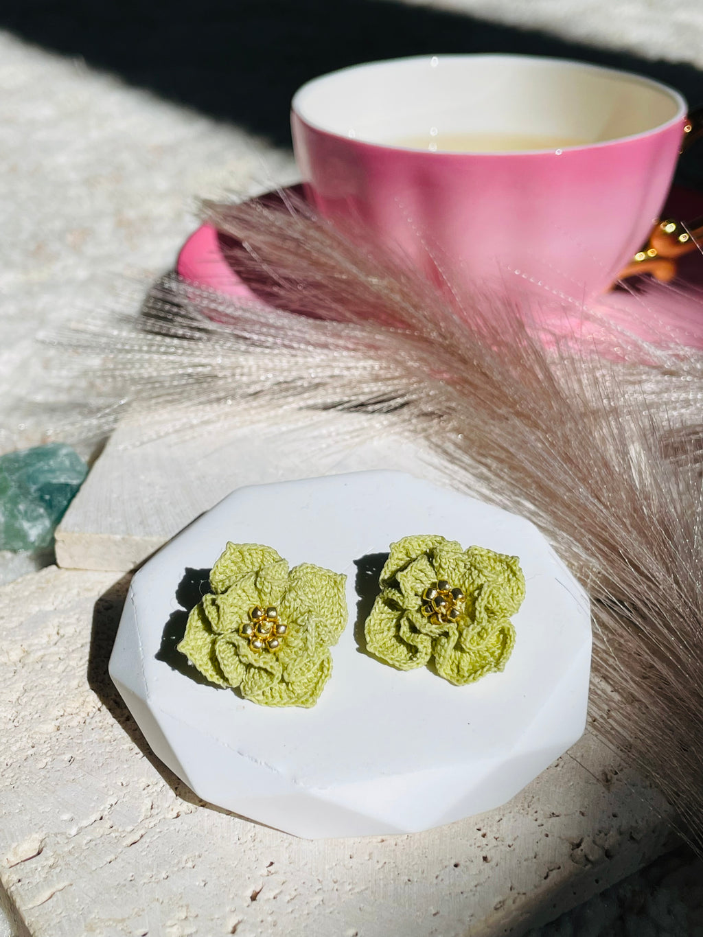 Hand-Crocheted Layered Flower Stud Earrings Solid 14K Gold Posts 2 Colours