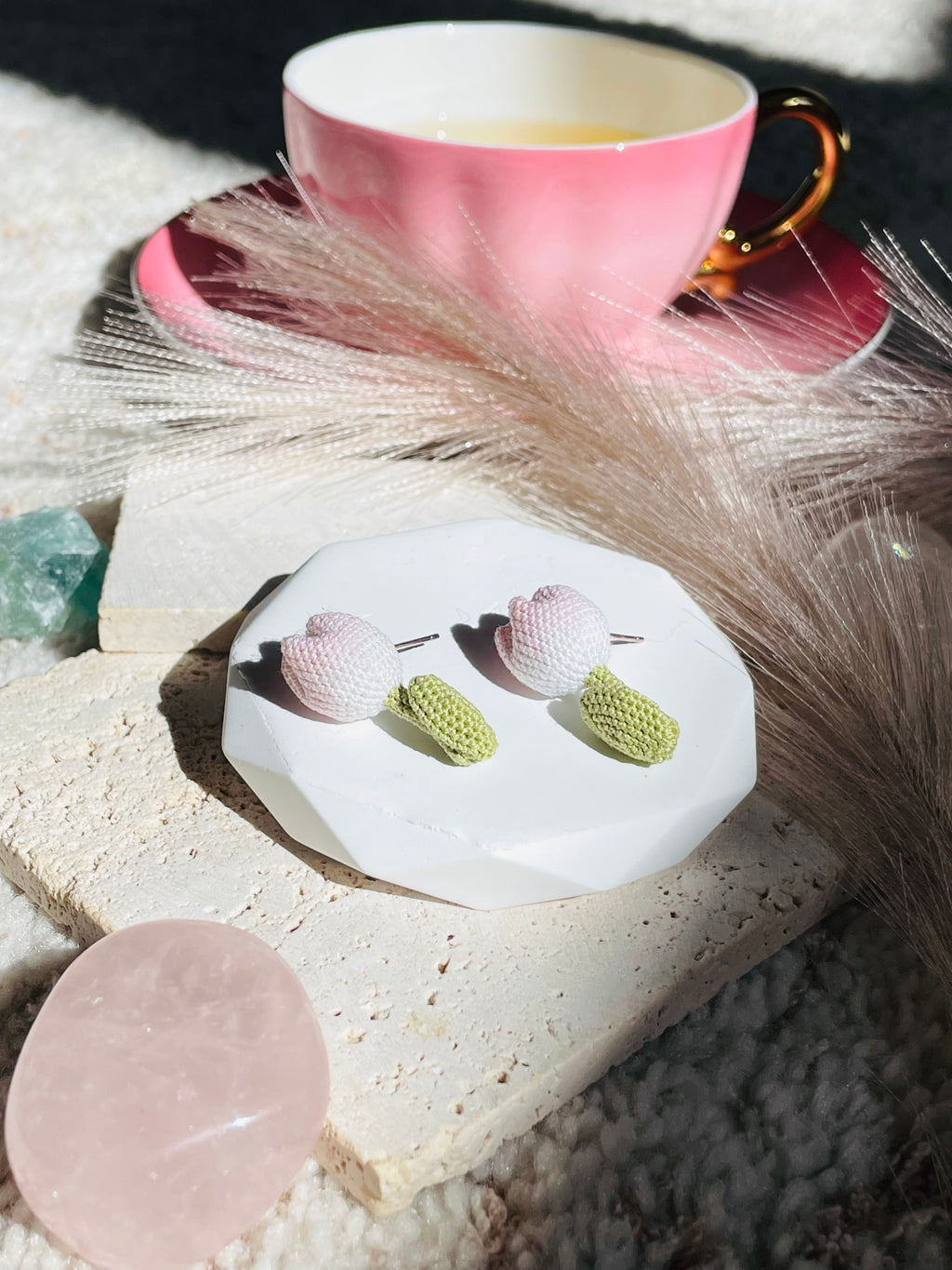 Hand-Crocheted Tulip Stud Earrings Solid 14K Gold Posts 4 Colours