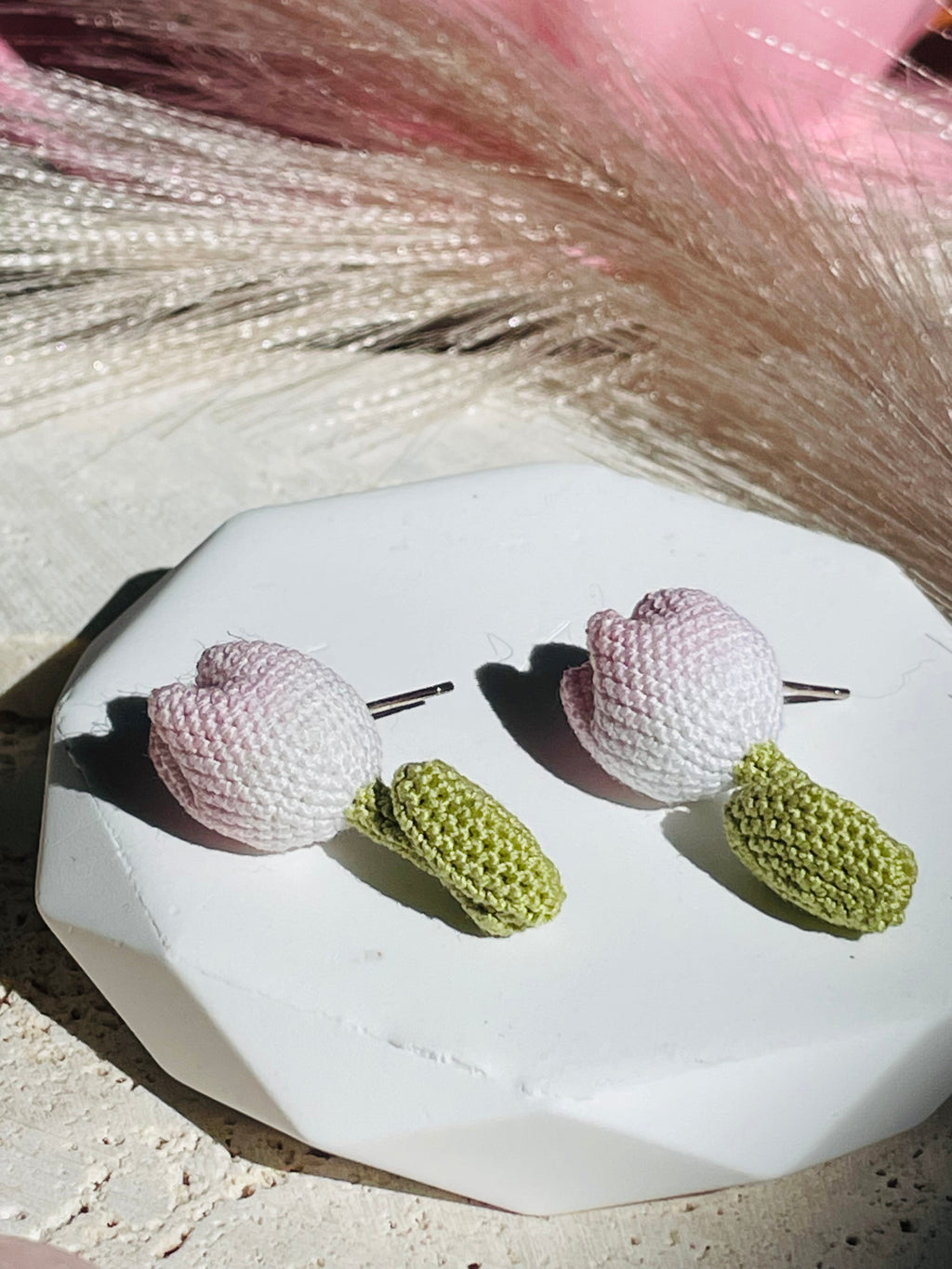 Hand-Crocheted Tulip Stud Earrings Solid 14K Gold Posts 4 Colours