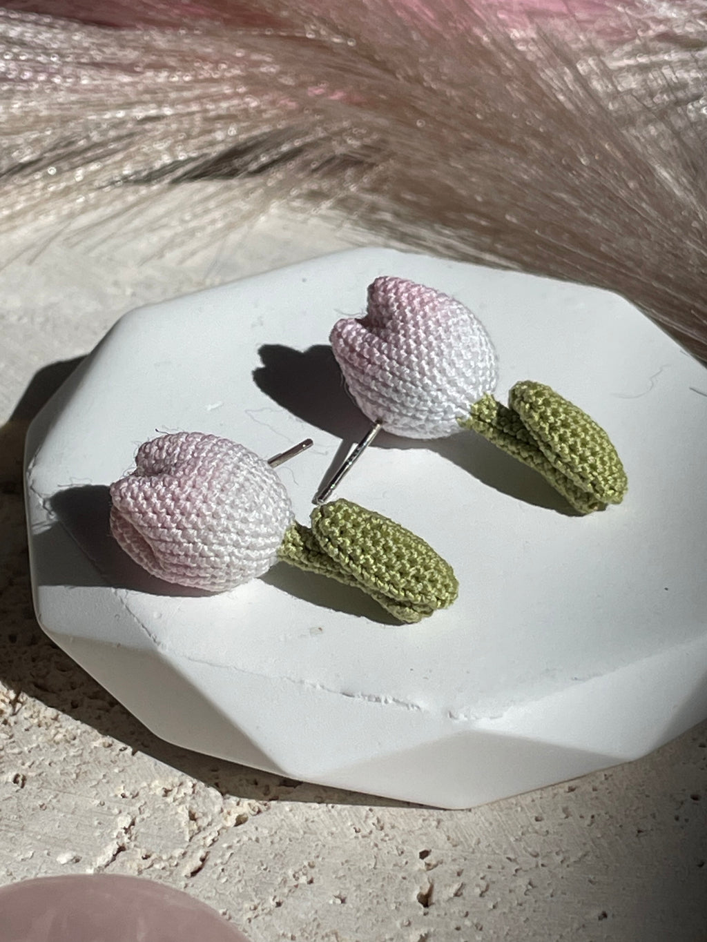 Hand-Crocheted Tulip Stud Earrings Solid 14K Gold Posts 4 Colours