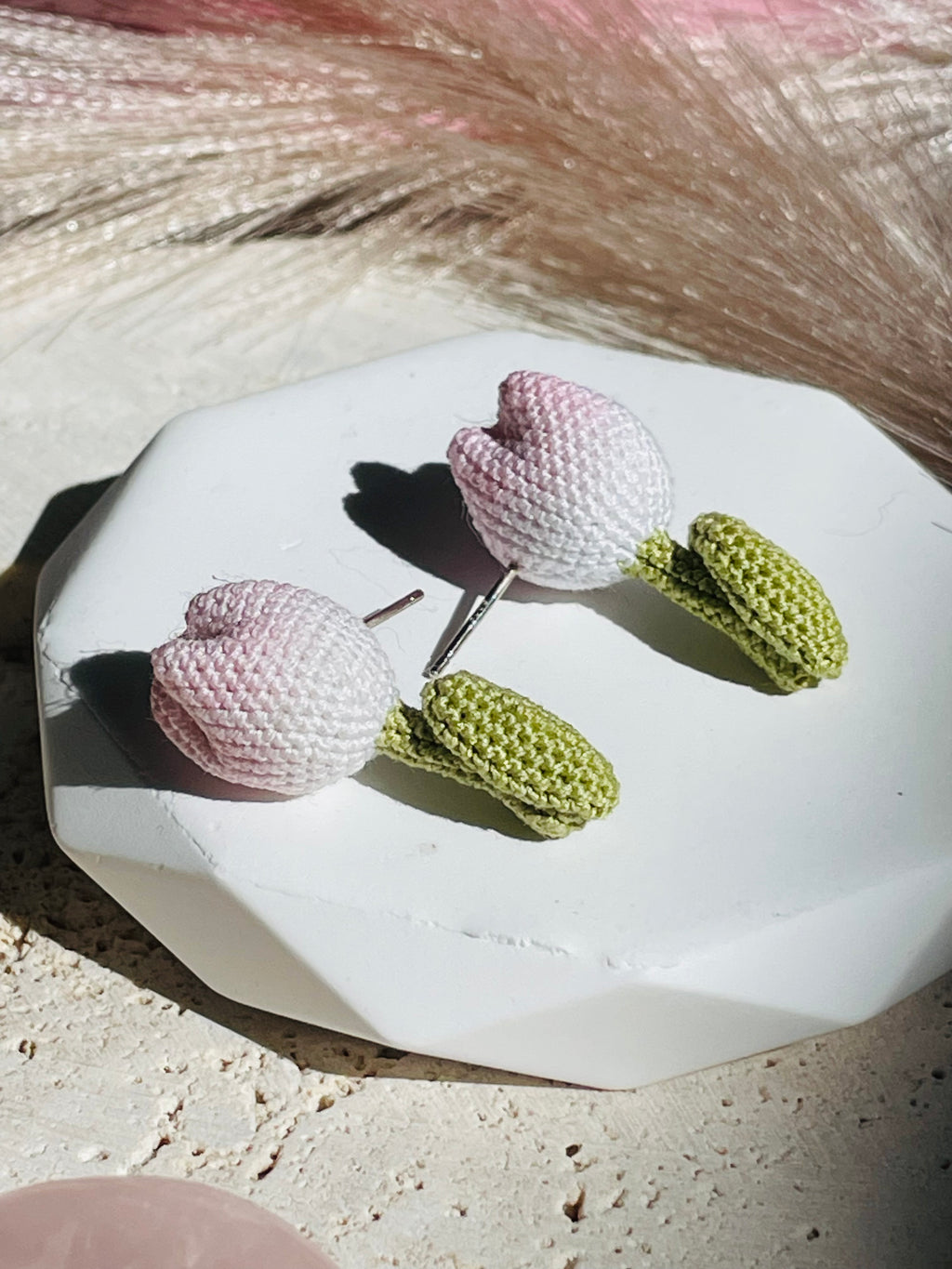 Hand-Crocheted Tulip Stud Earrings Solid 14K Gold Posts 4 Colours