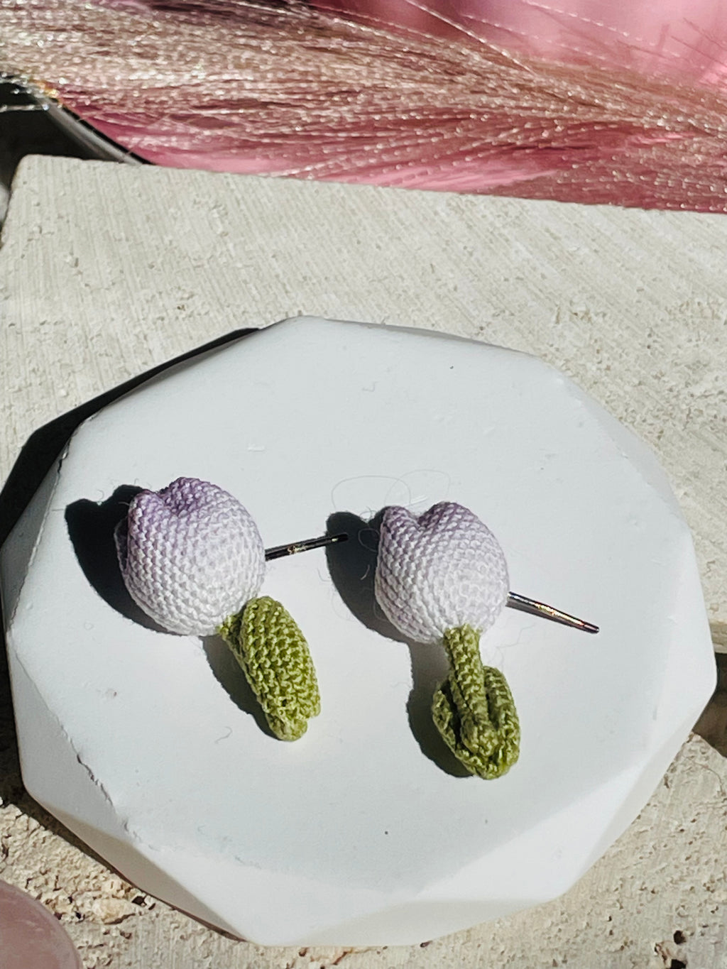 Hand-Crocheted Tulip Stud Earrings Solid 14K Gold Posts 4 Colours