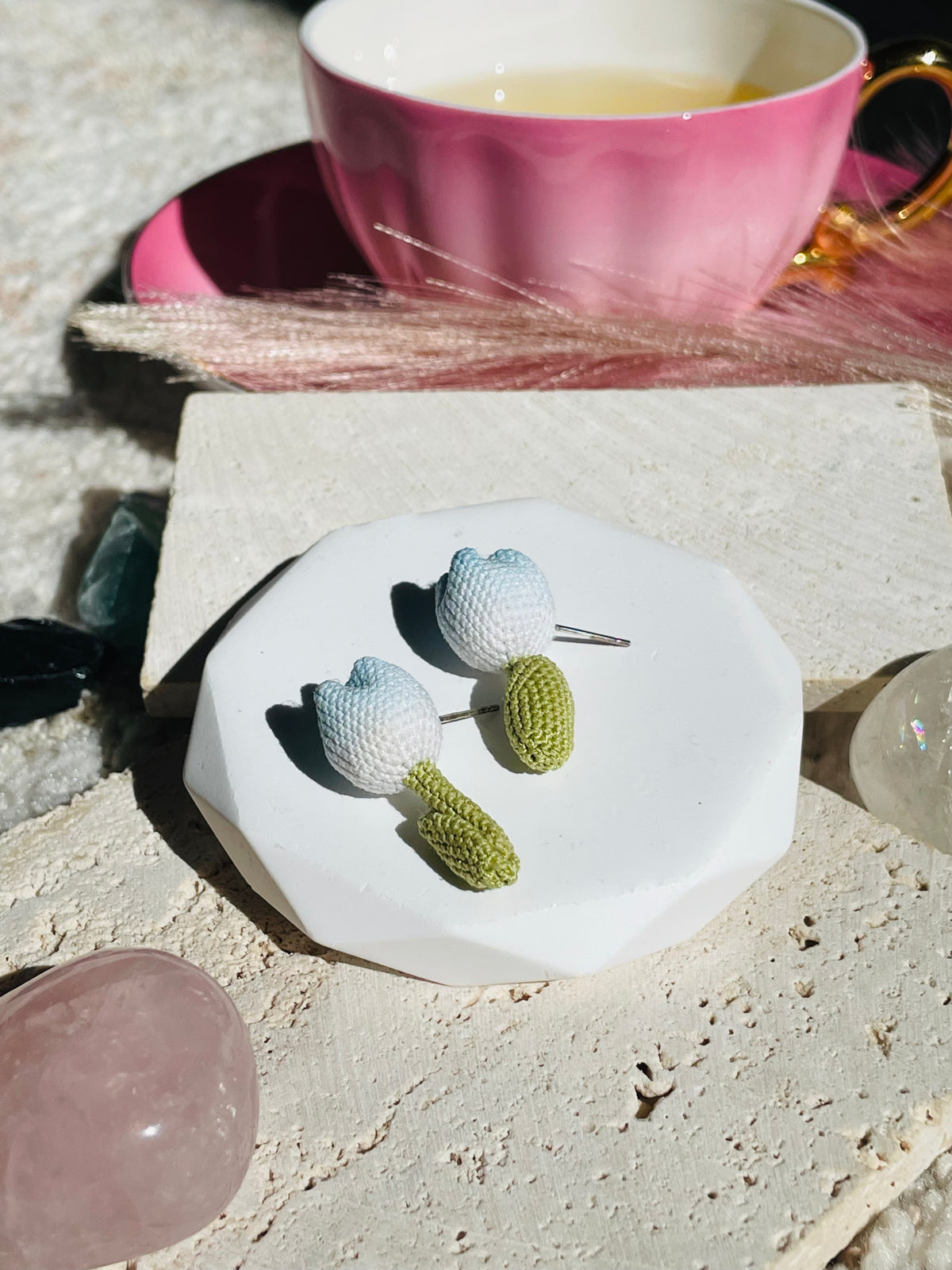 Hand-Crocheted Tulip Stud Earrings Solid 14K Gold Posts 4 Colours