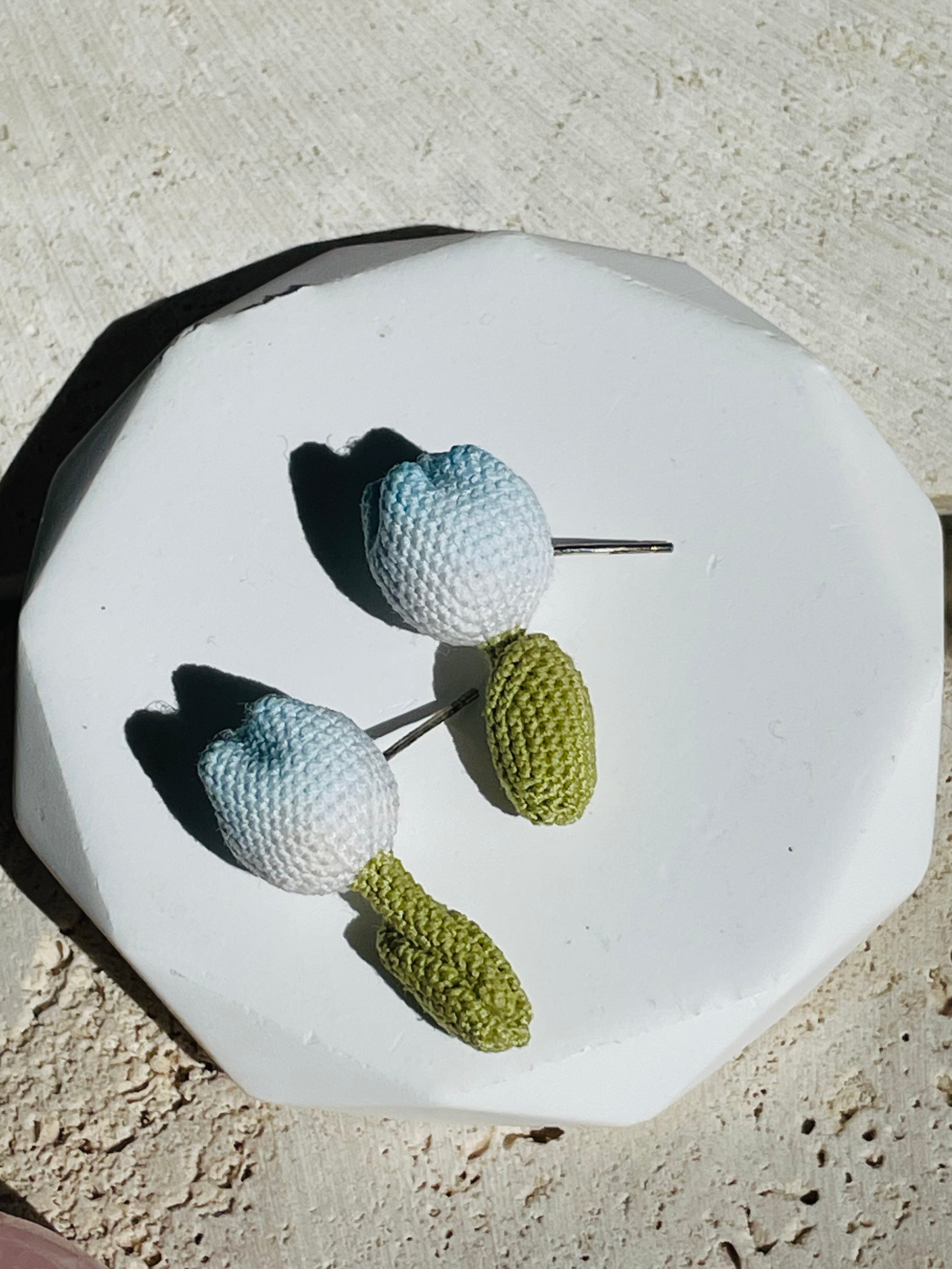 Hand-Crocheted Tulip Stud Earrings Solid 14K Gold Posts 4 Colours