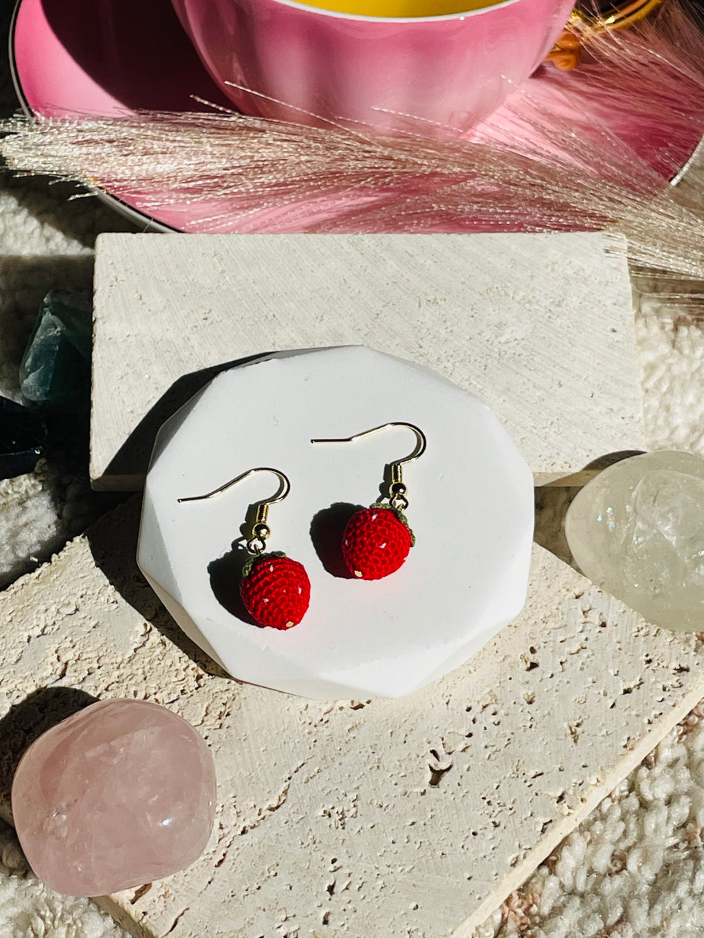 Hand-Crocheted Strawberry Drop Earrings | 14K Gold Hooks | Handmade in Australia