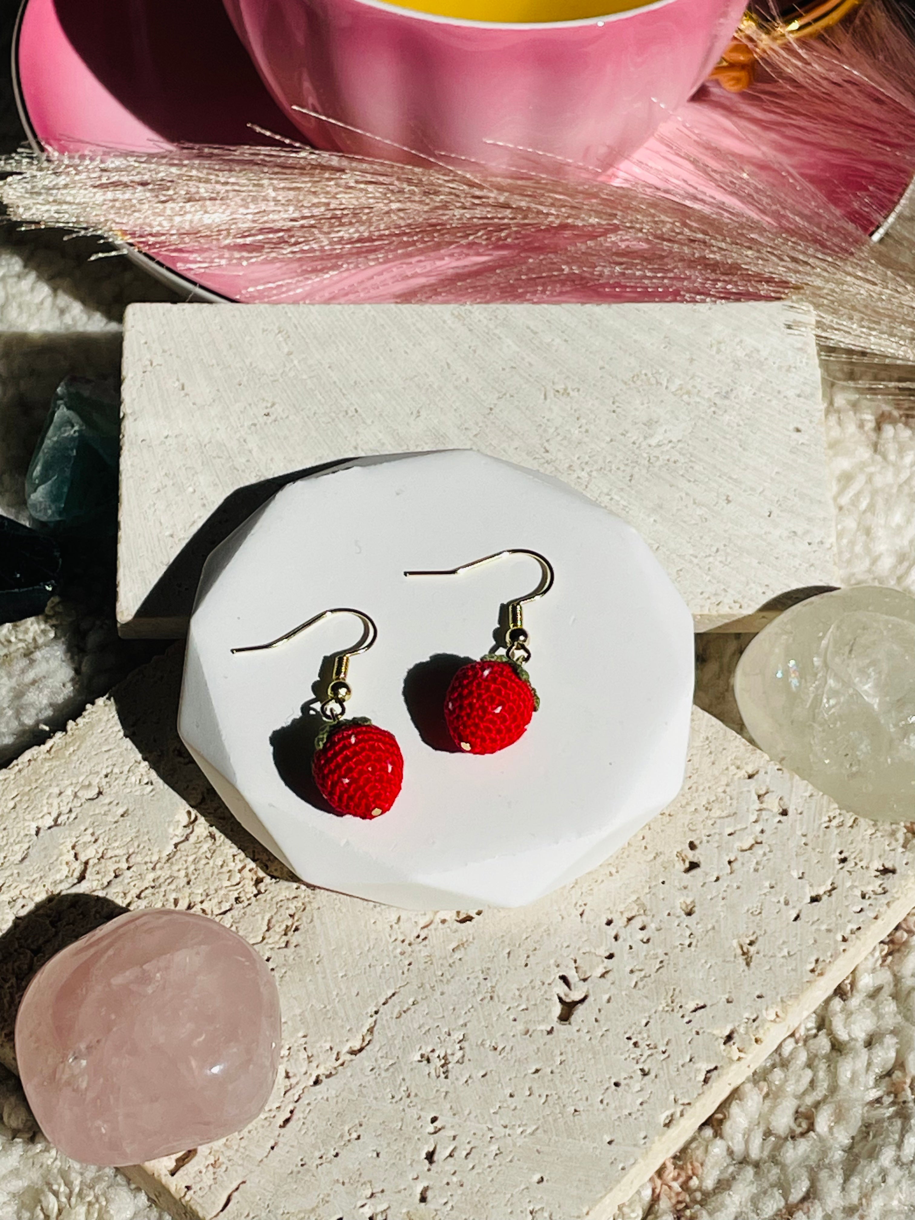 Hand-Crocheted Strawberry Drop Earrings | 14K Gold Hooks | Handmade in Australia
