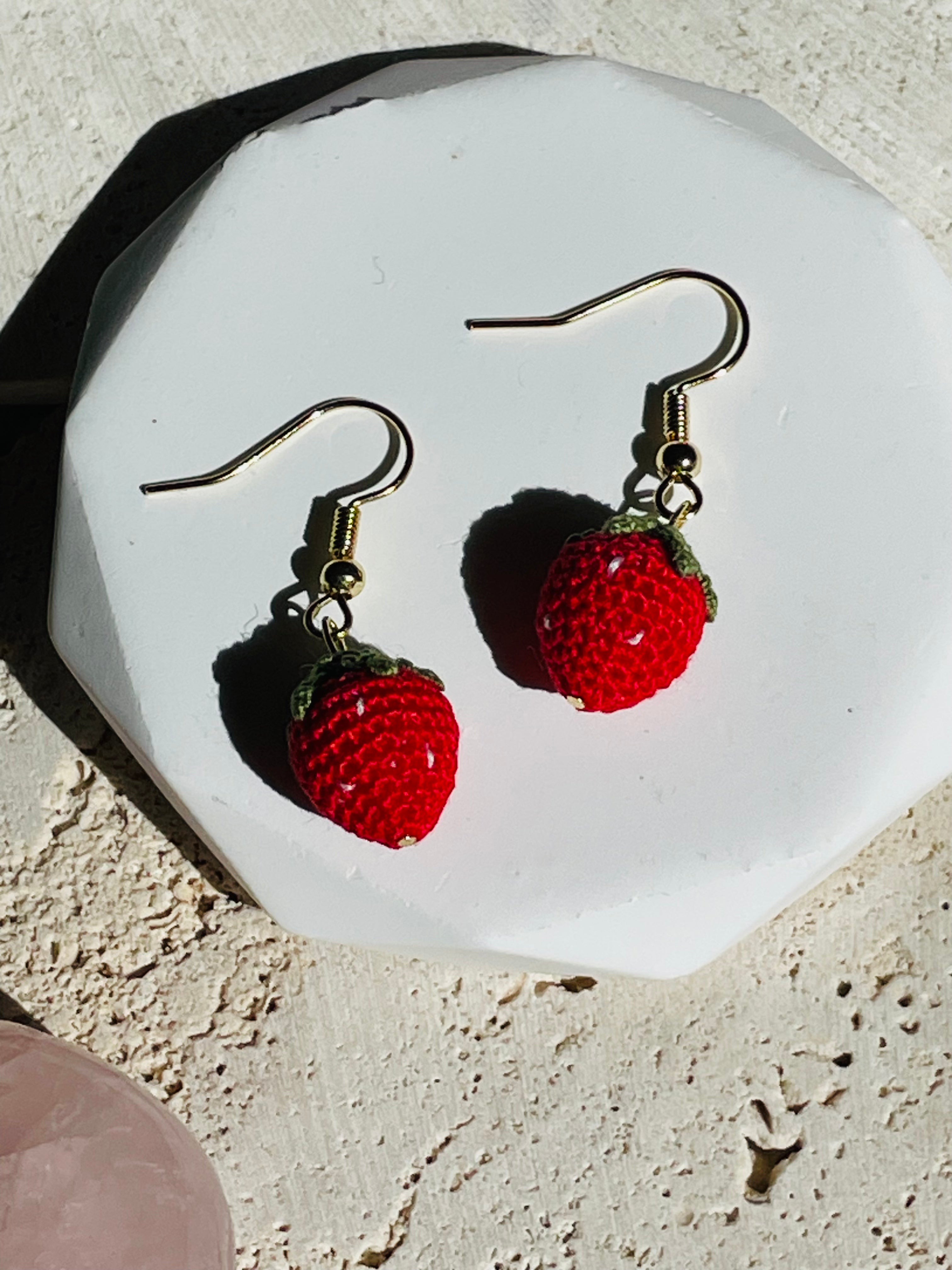 Hand-Crocheted Strawberry Drop Earrings | 14K Gold Hooks | Handmade in Australia