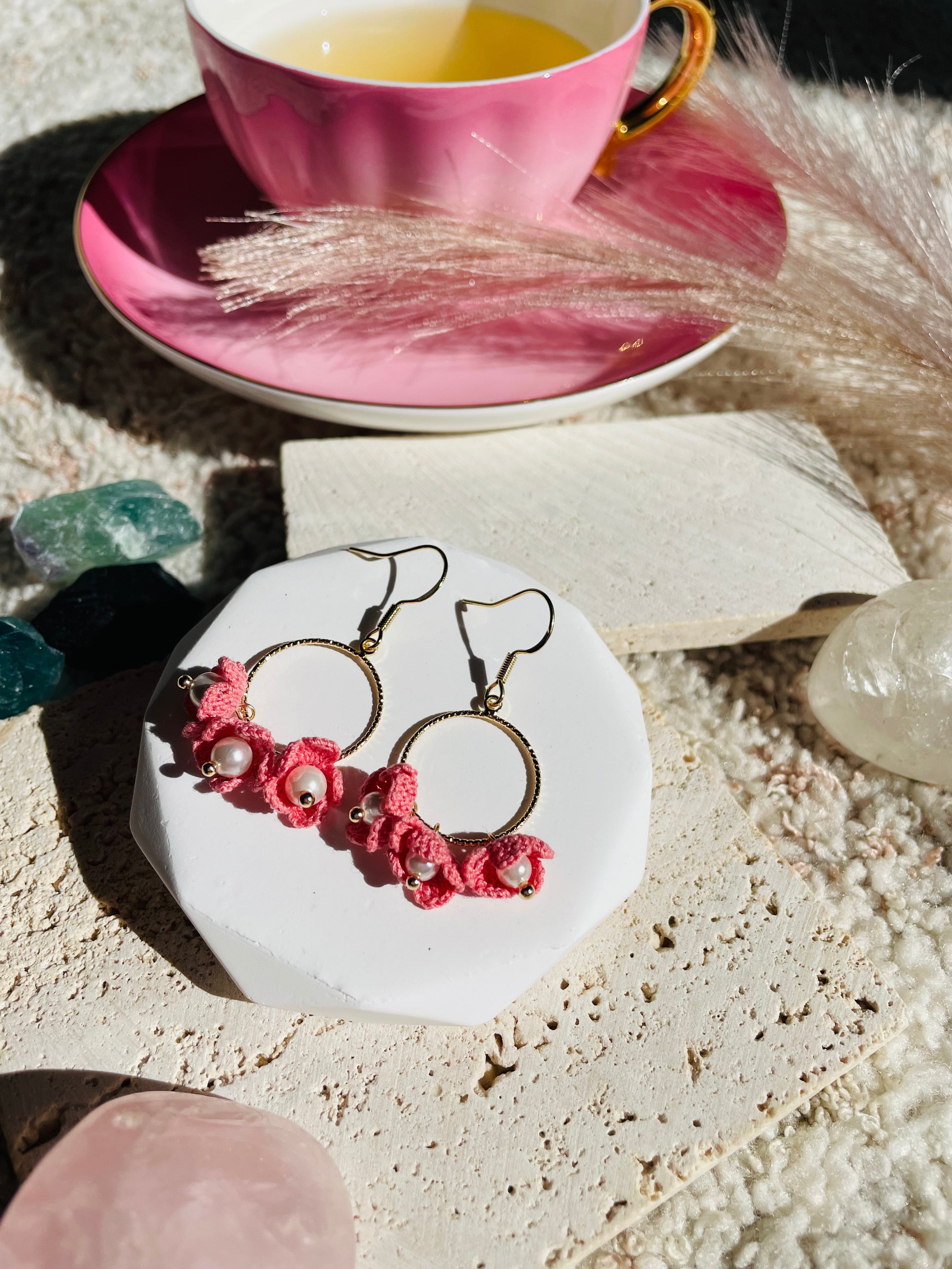 Hand-Crocheted Pink Flower Pearl Hoop Earrings | 14K Gold Hooks