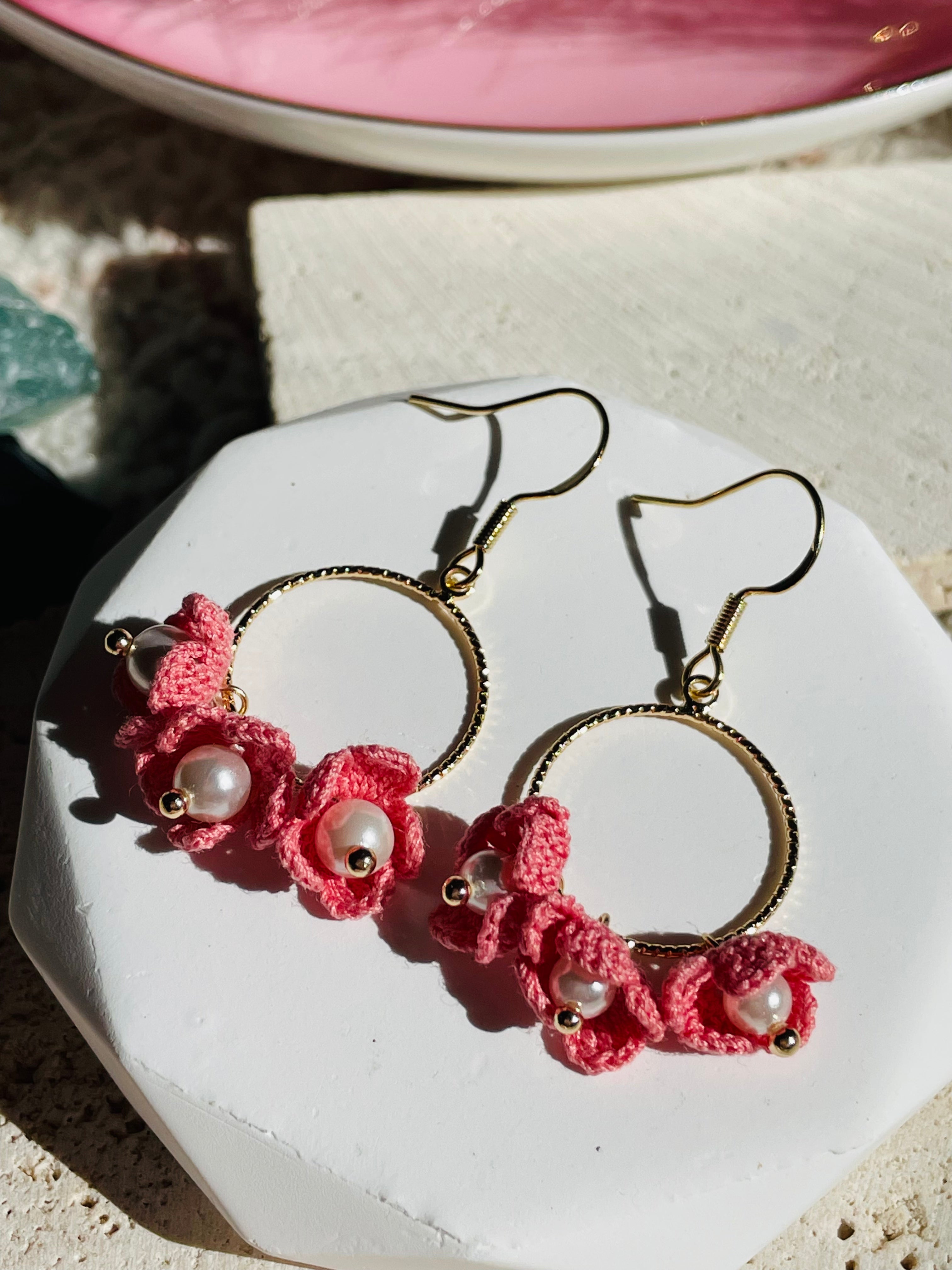 Hand-Crocheted Pink Flower Pearl Hoop Earrings | 14K Gold Hooks