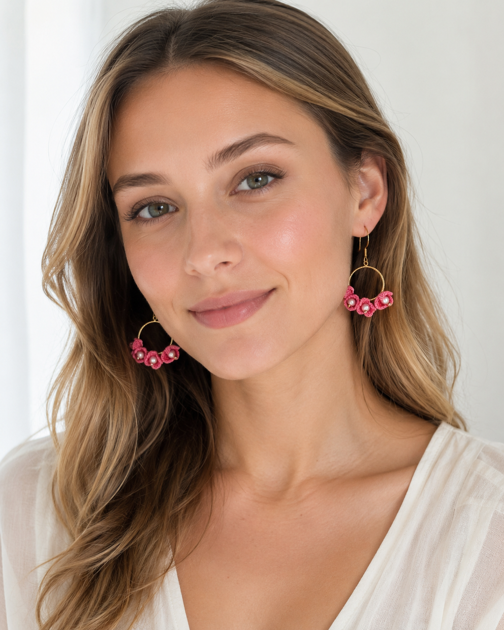 Hand-Crocheted Pink Flower Pearl Hoop Earrings | 14K Gold Hooks