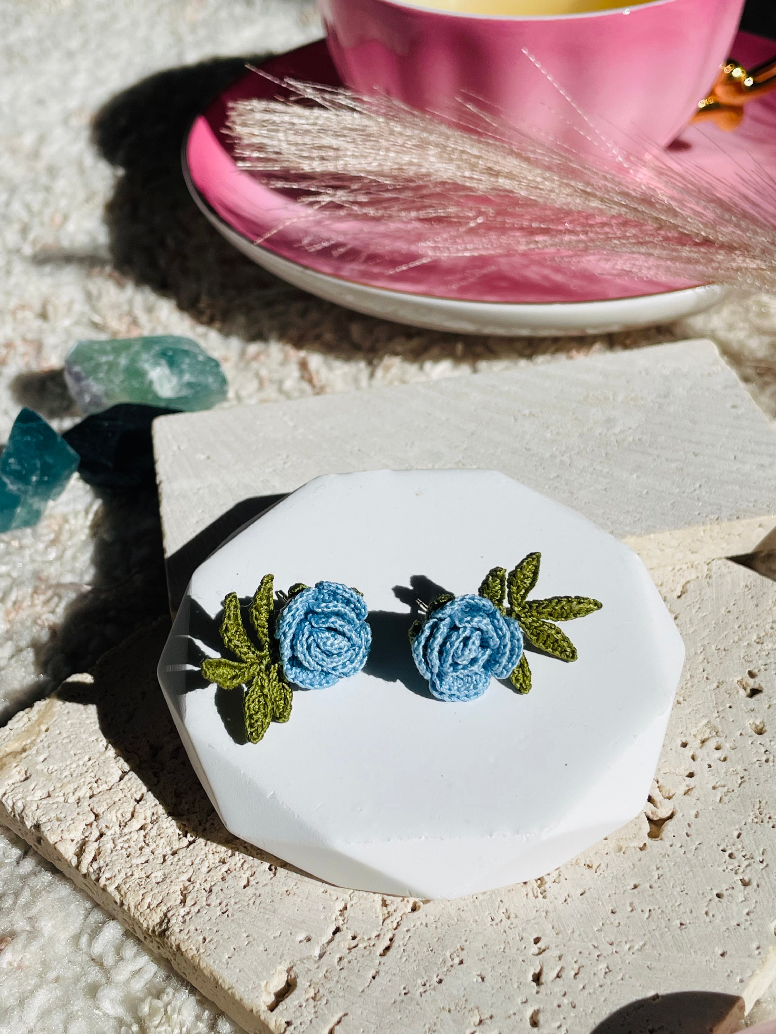 Hand-Crocheted Blue Rose Stud Earrings – Solid 14K Gold Posts | 2 Colours
