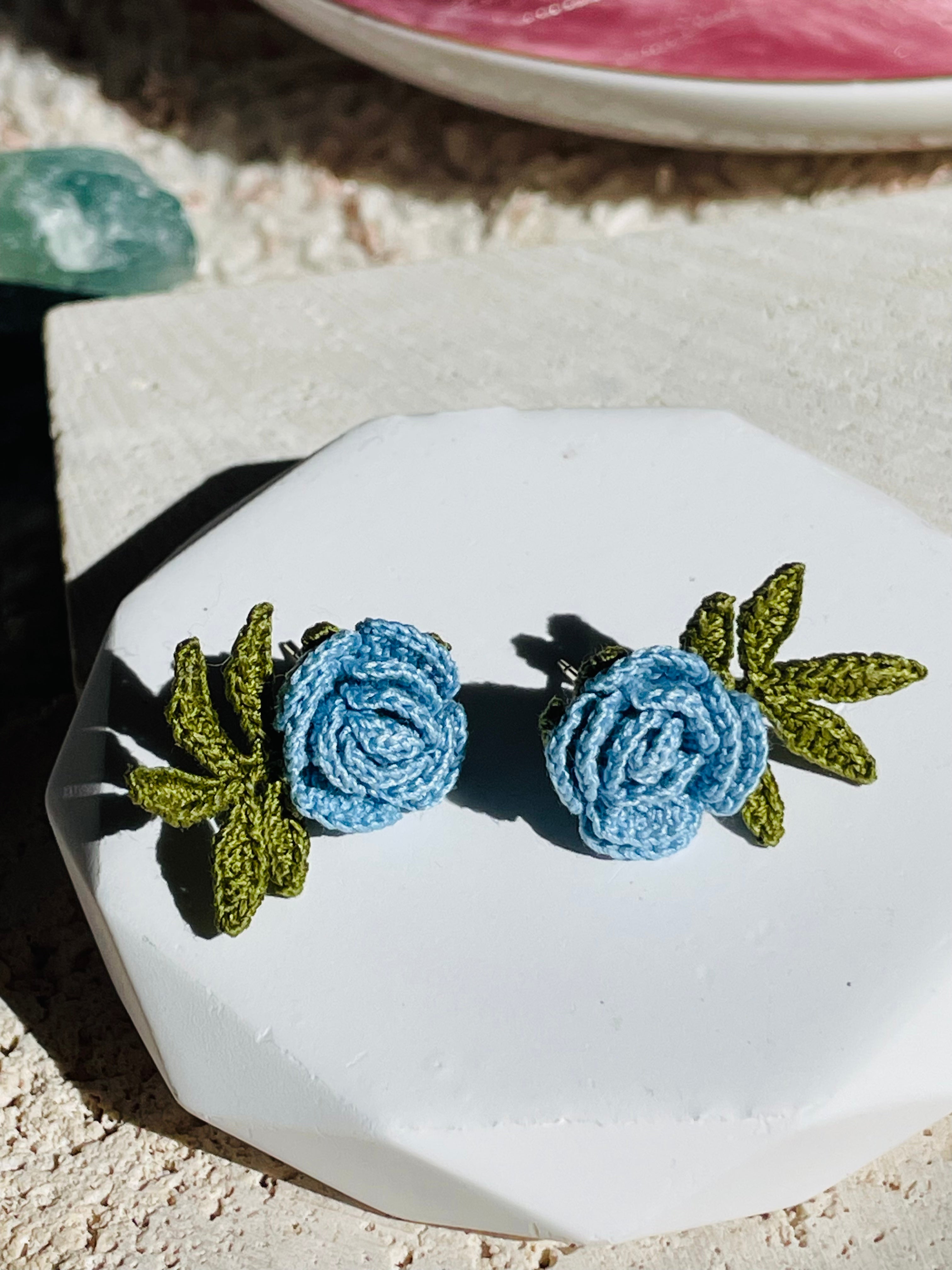 Hand-Crocheted Blue Rose Stud Earrings – Solid 14K Gold Posts | 2 Colours