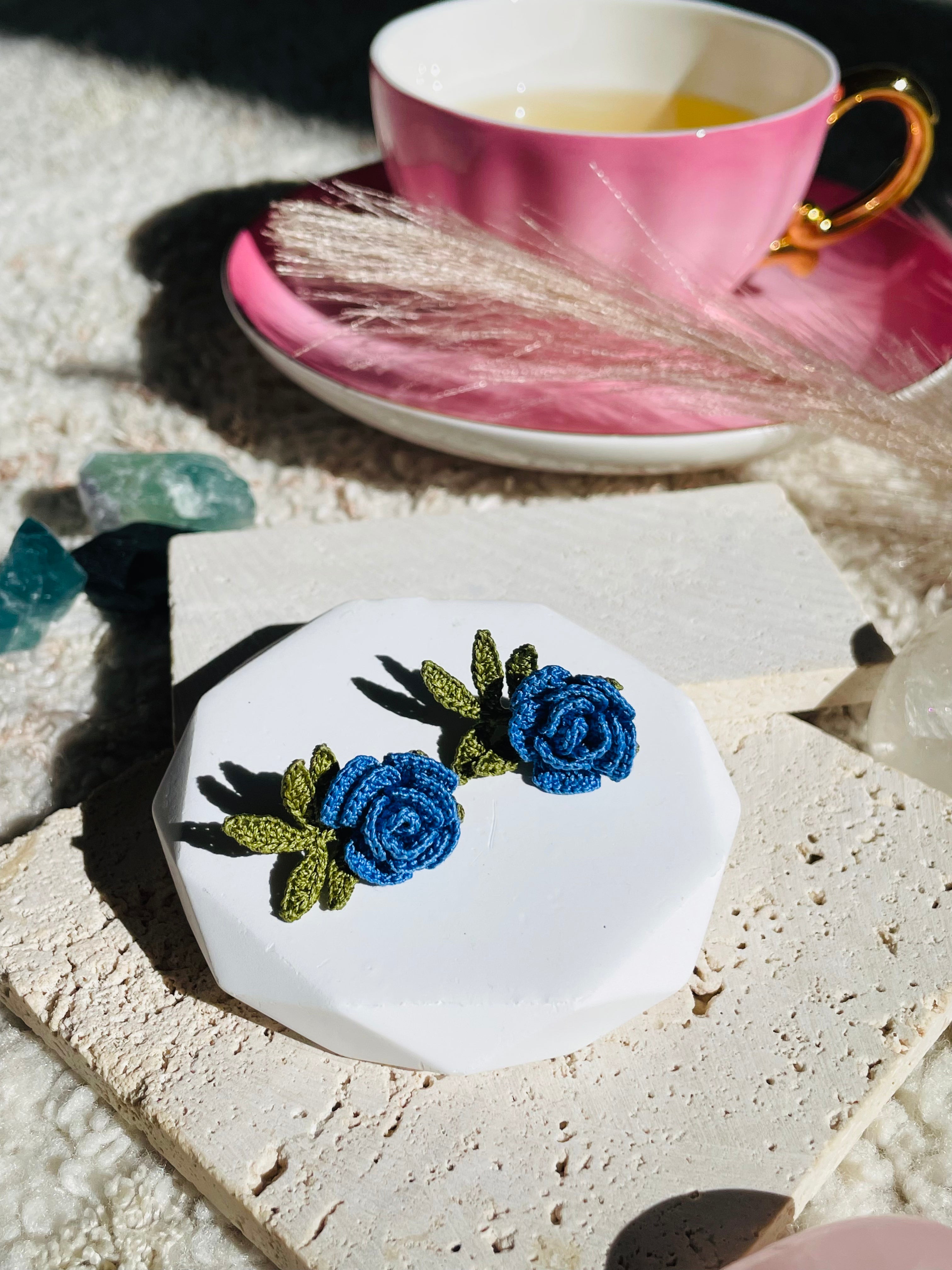 Hand-Crocheted Blue Rose Stud Earrings – Solid 14K Gold Posts | 2 Colours