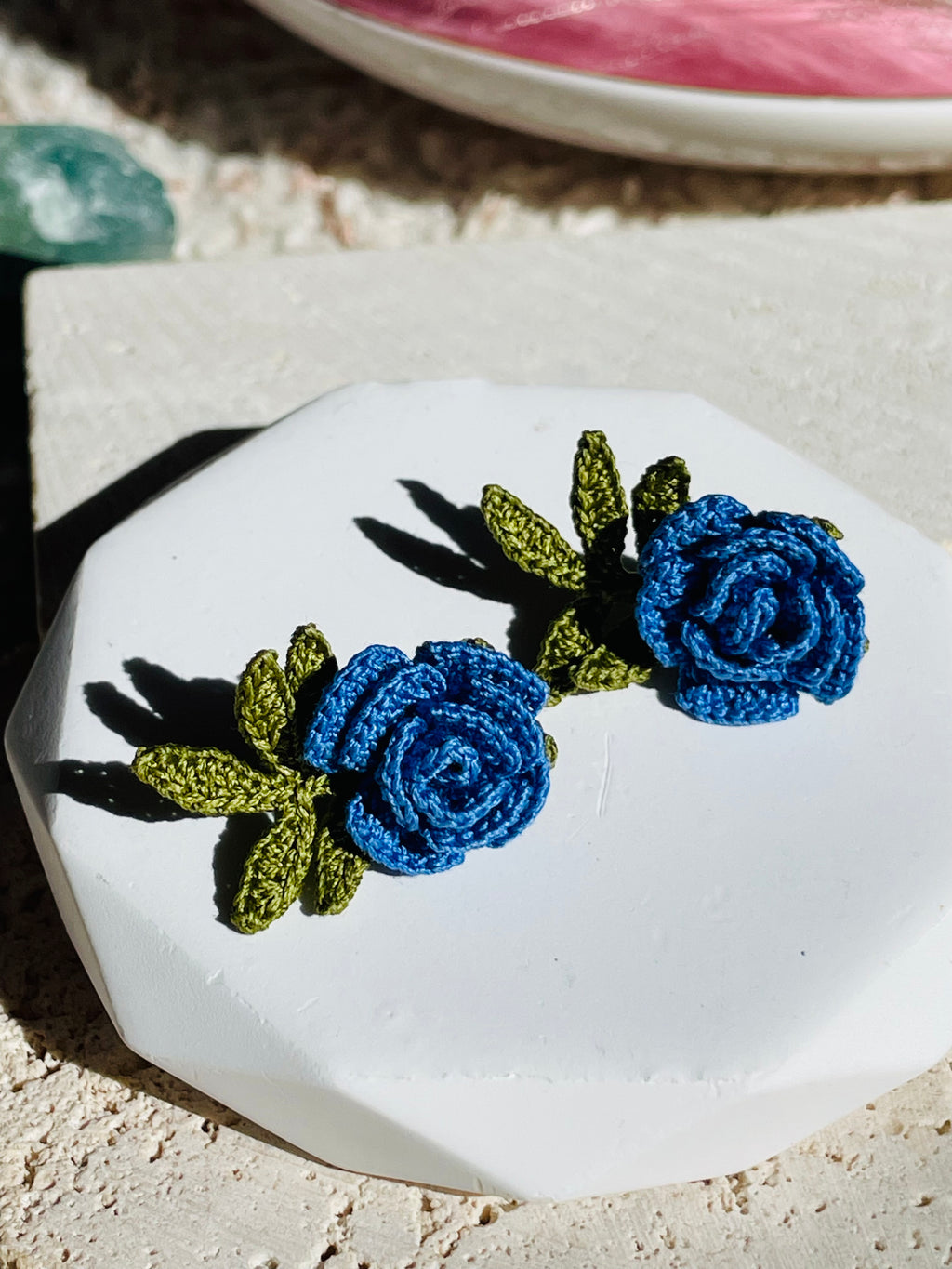Hand-Crocheted Blue Rose Stud Earrings – Solid 14K Gold Posts | 2 Colours