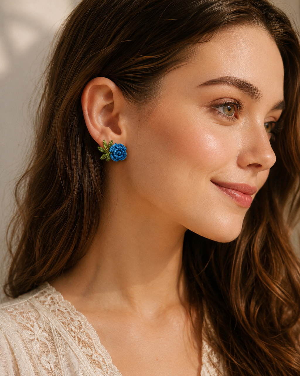 Hand-Crocheted Blue Rose Stud Earrings – Solid 14K Gold Posts | 2 Colours