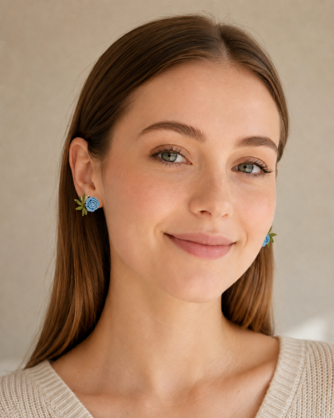 Hand-Crocheted Blue Rose Stud Earrings – Solid 14K Gold Posts | 2 Colours
