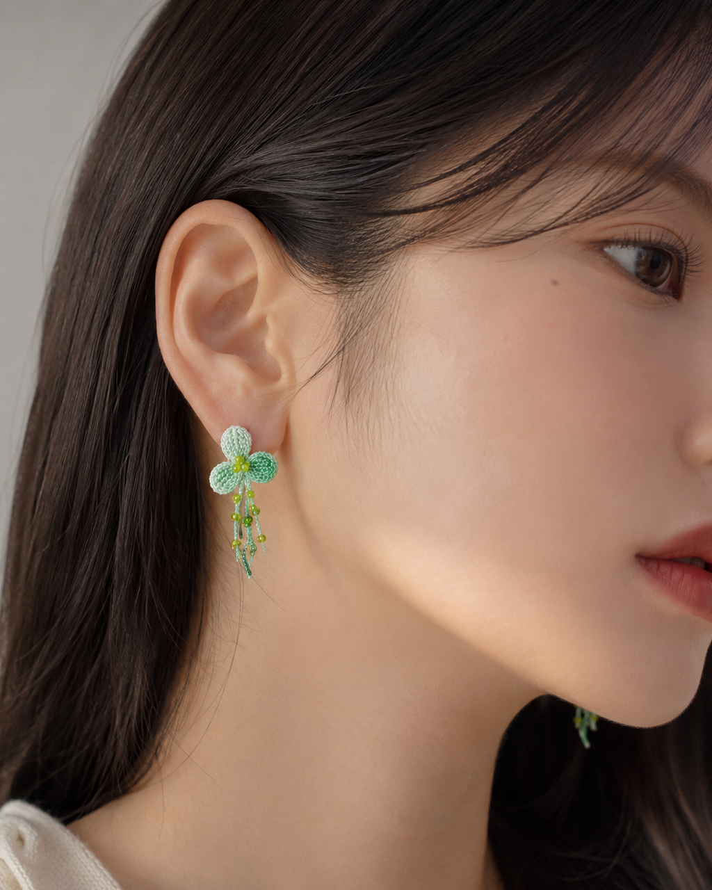 Hand-Crocheted Three-Petal Tassel Stud Earrings – Solid 14K Gold Posts | 3 Colours