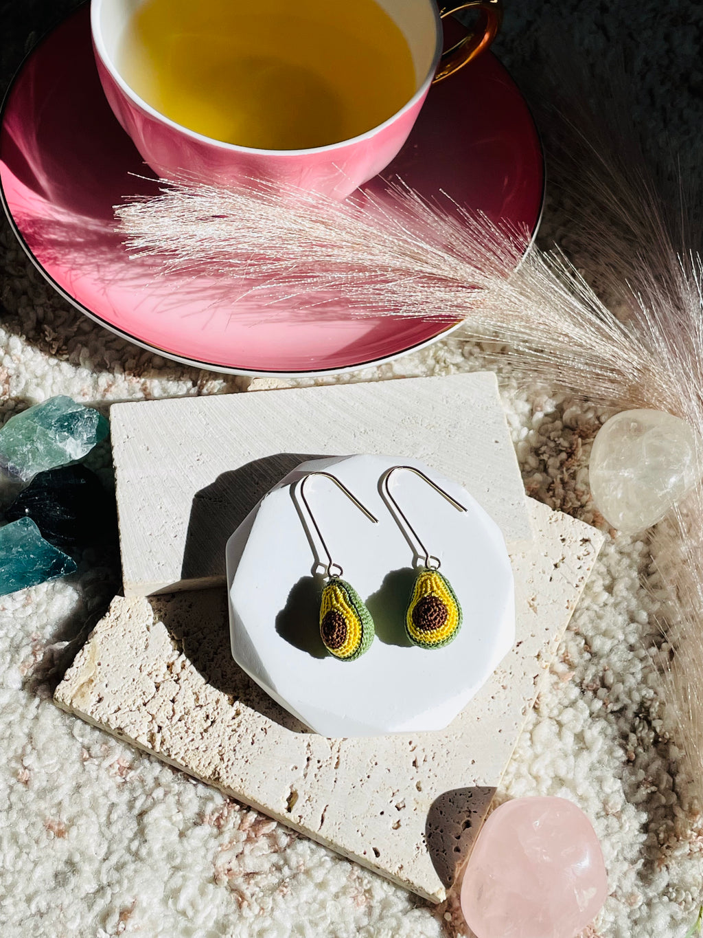 Hand-Crocheted Avocado Drop Earrings – 14K Gold Hooks