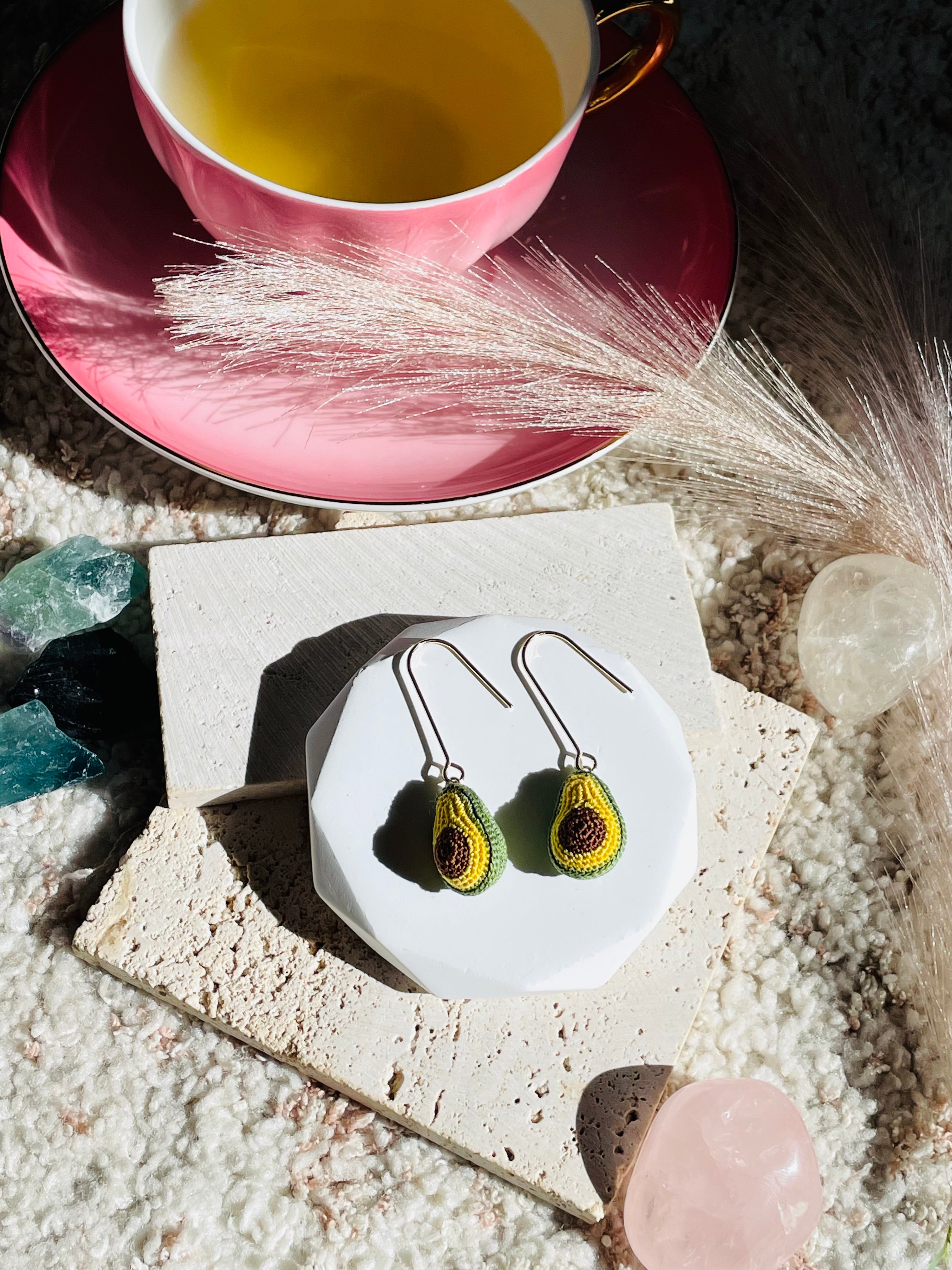 Hand-Crocheted Avocado Drop Earrings – 14K Gold Hooks