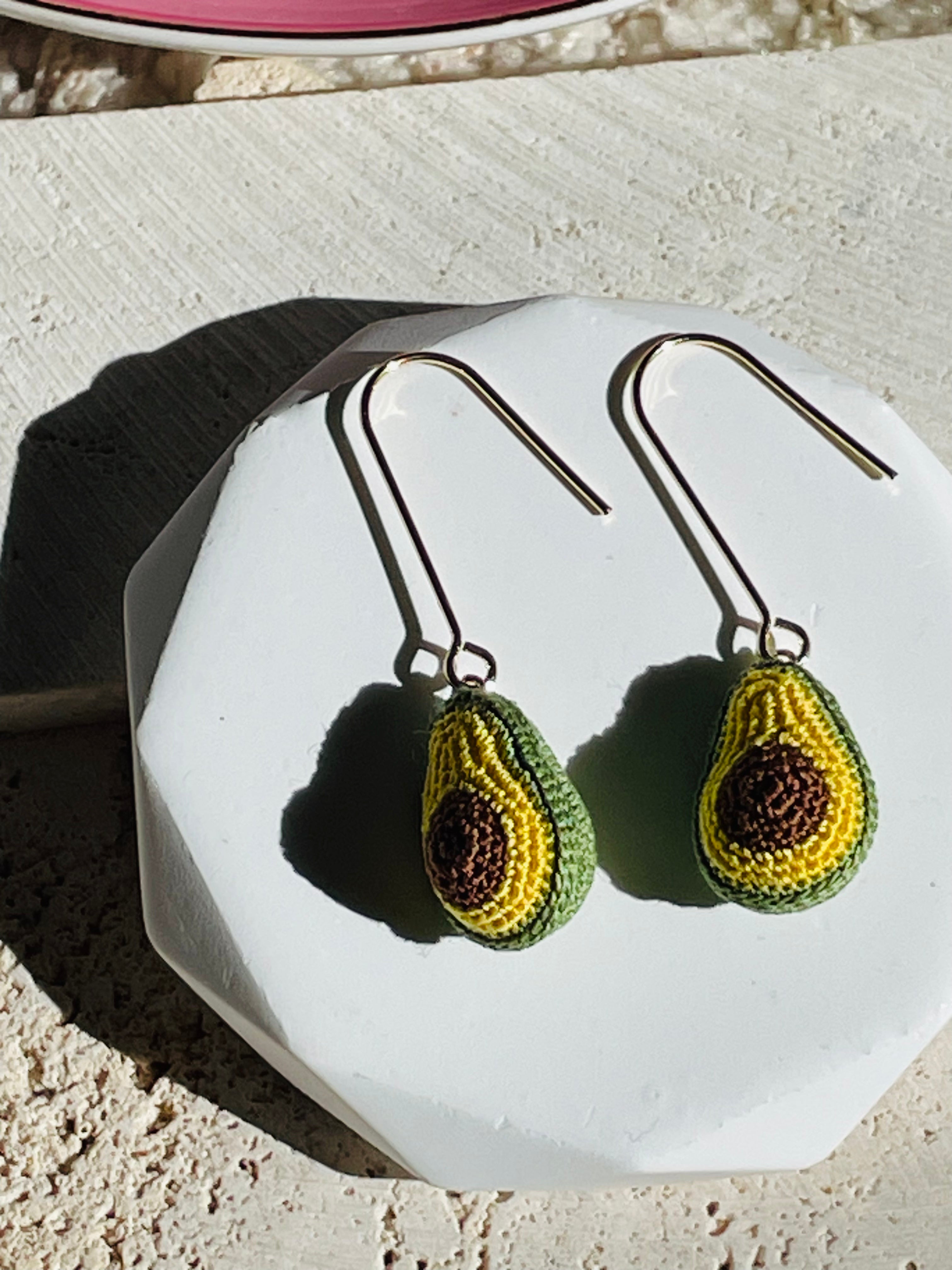 Hand-Crocheted Avocado Drop Earrings – 14K Gold Hooks