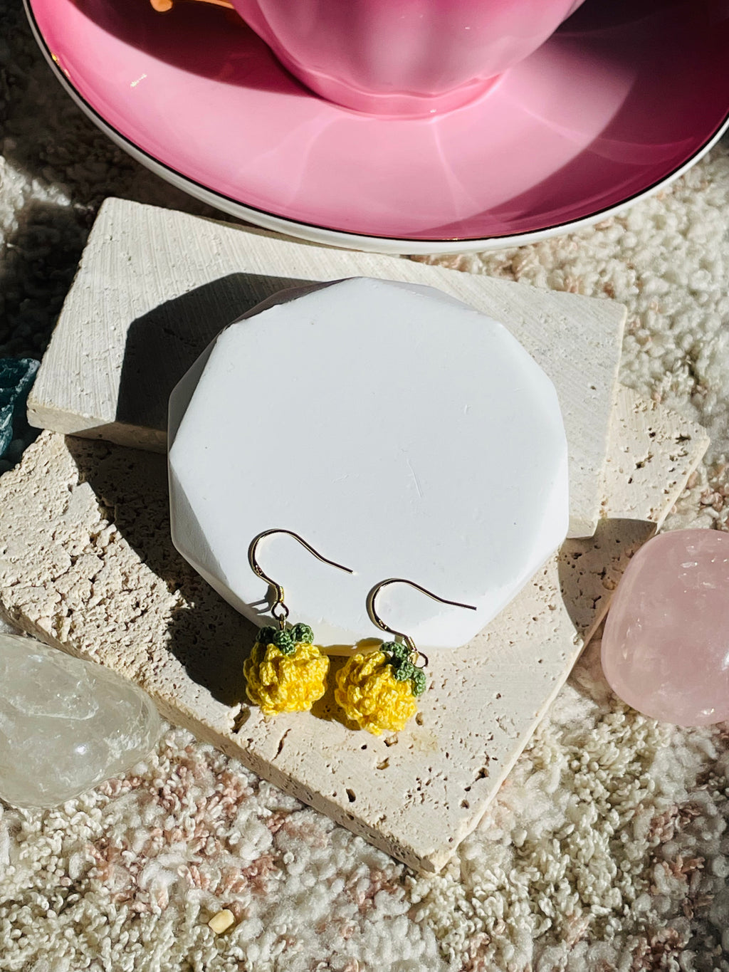 Hand-Crocheted Pineapple Drop Earrings – 14K Gold Hooks