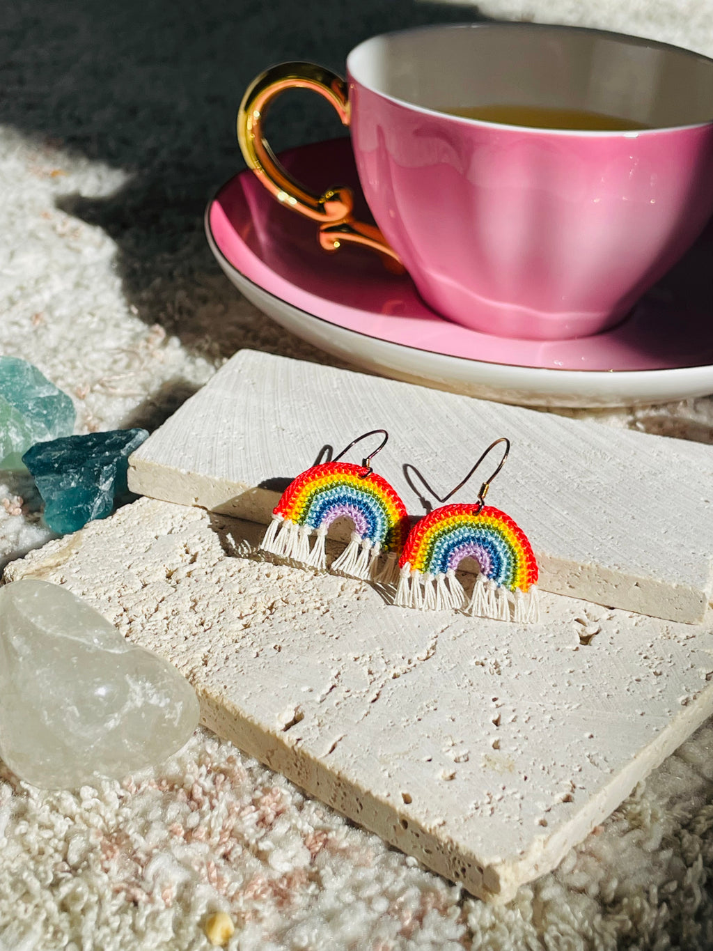Hand-Crocheted Rainbow Fringe Drop Earrings – 14K Gold Hooks