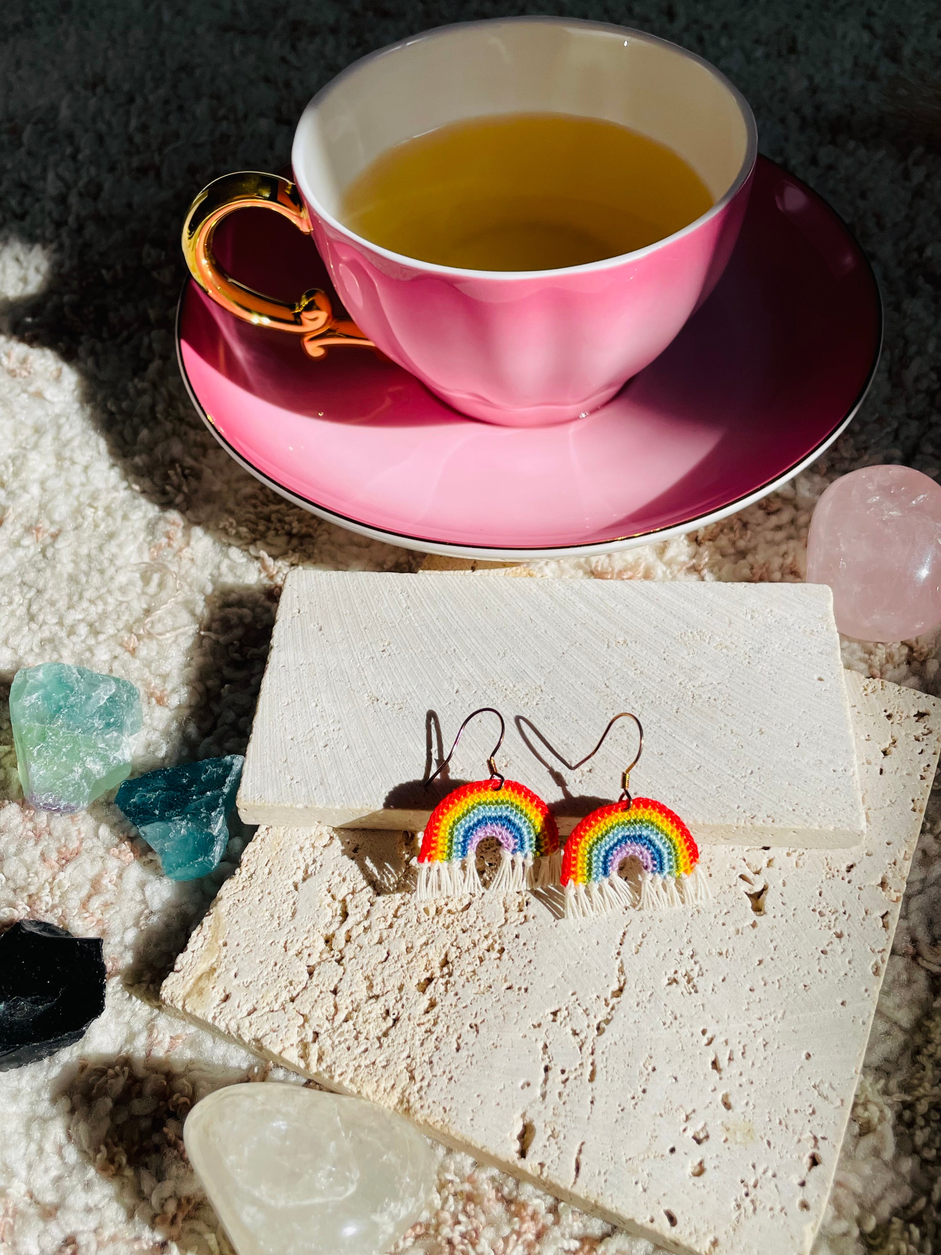 Hand-Crocheted Rainbow Fringe Drop Earrings – 14K Gold Hooks